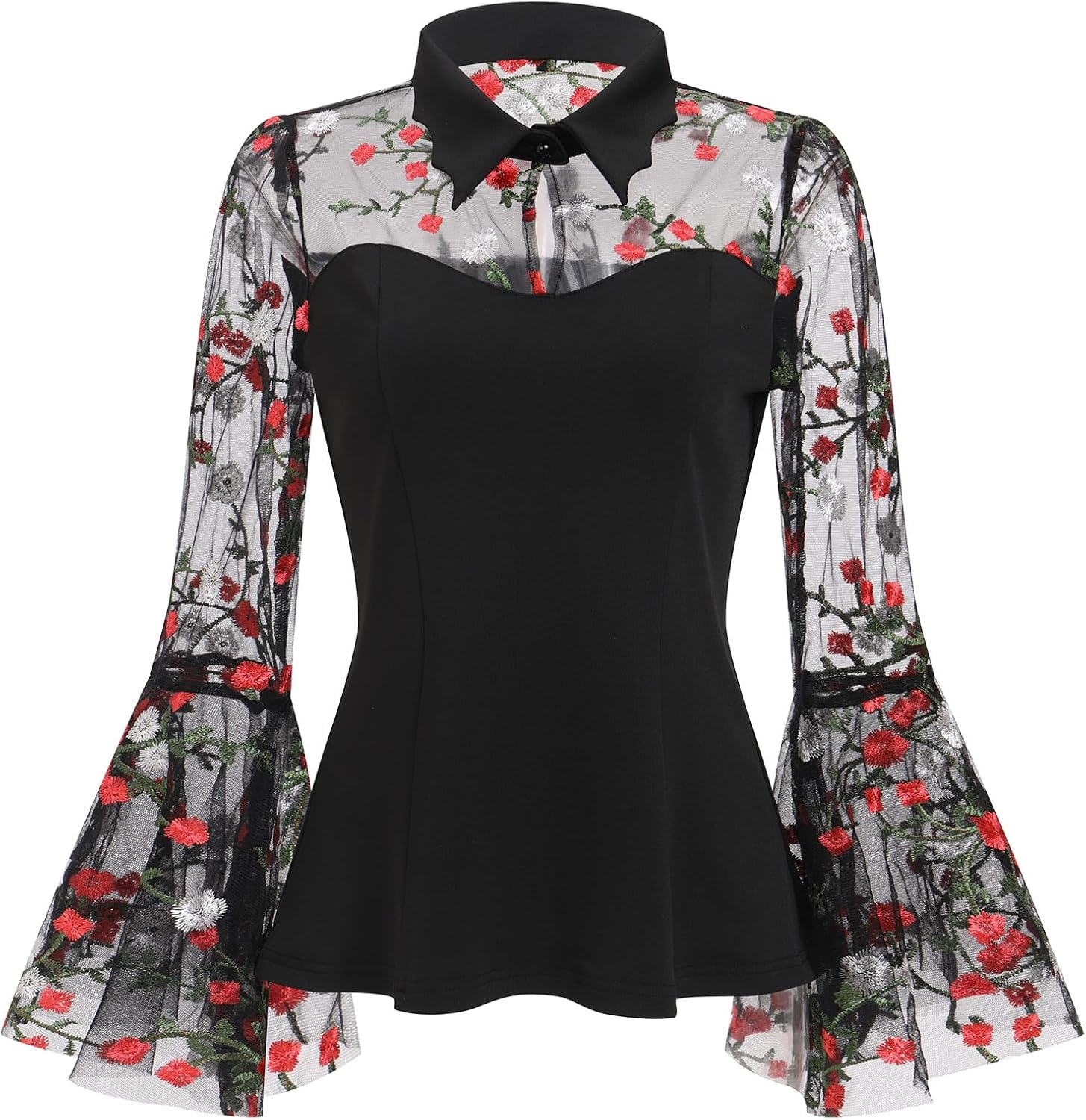 Mesh Sheer Bell Sleeve Gothic Tops for Women Goth Blouses Vintage 1950s Ilusion Punk Victorian Blouse Halloween Casual Shirts