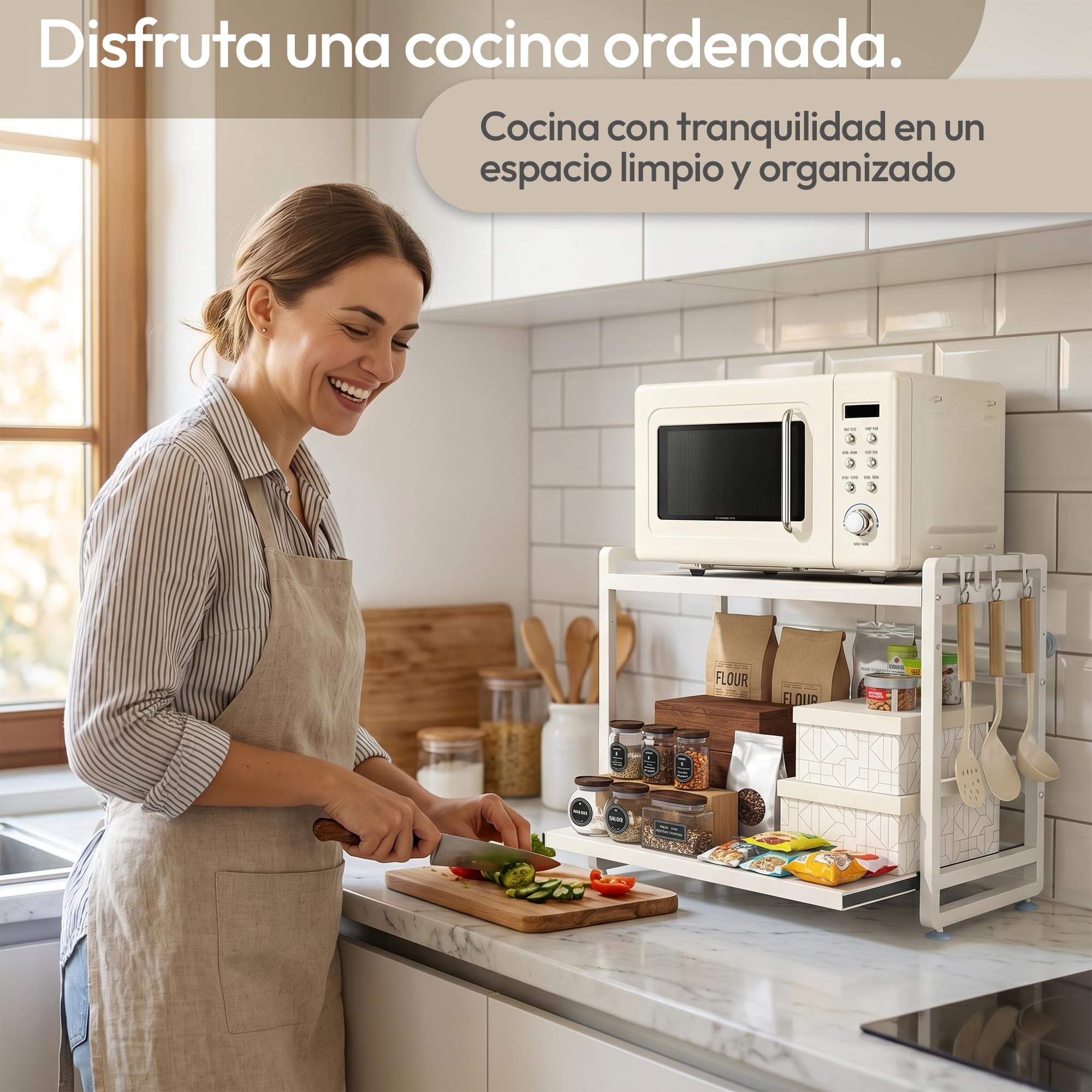 Soporte Ajustable para Microondas Blanco con Bandeja Extraíble, Estante Extensible Antideslizante con Ventosas, Organizador de Cocina Firme, Alta Resistencia y Gran Capacidad de Carga