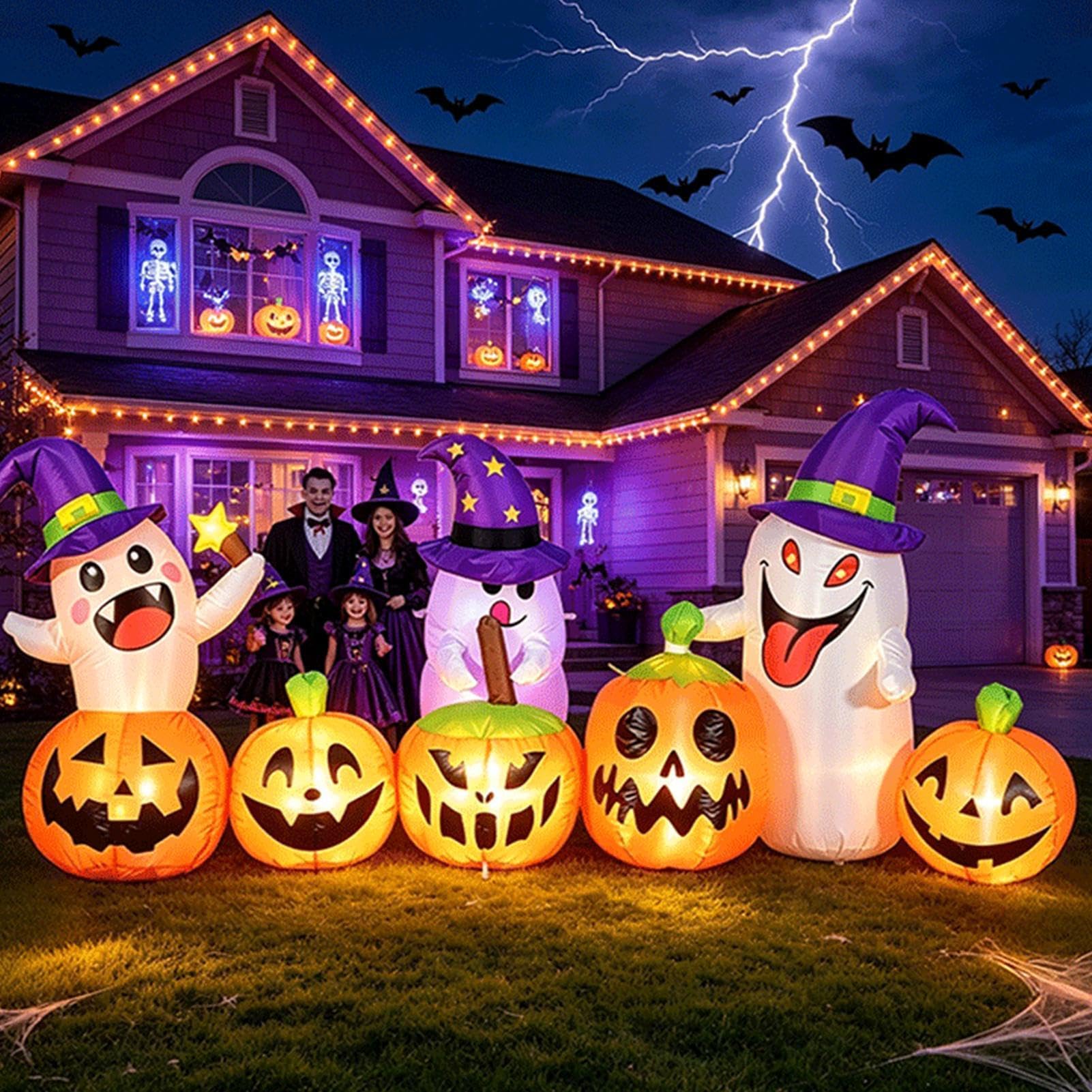 Figura hinchable de Halloween de 2,4 m con decoración de calabaza