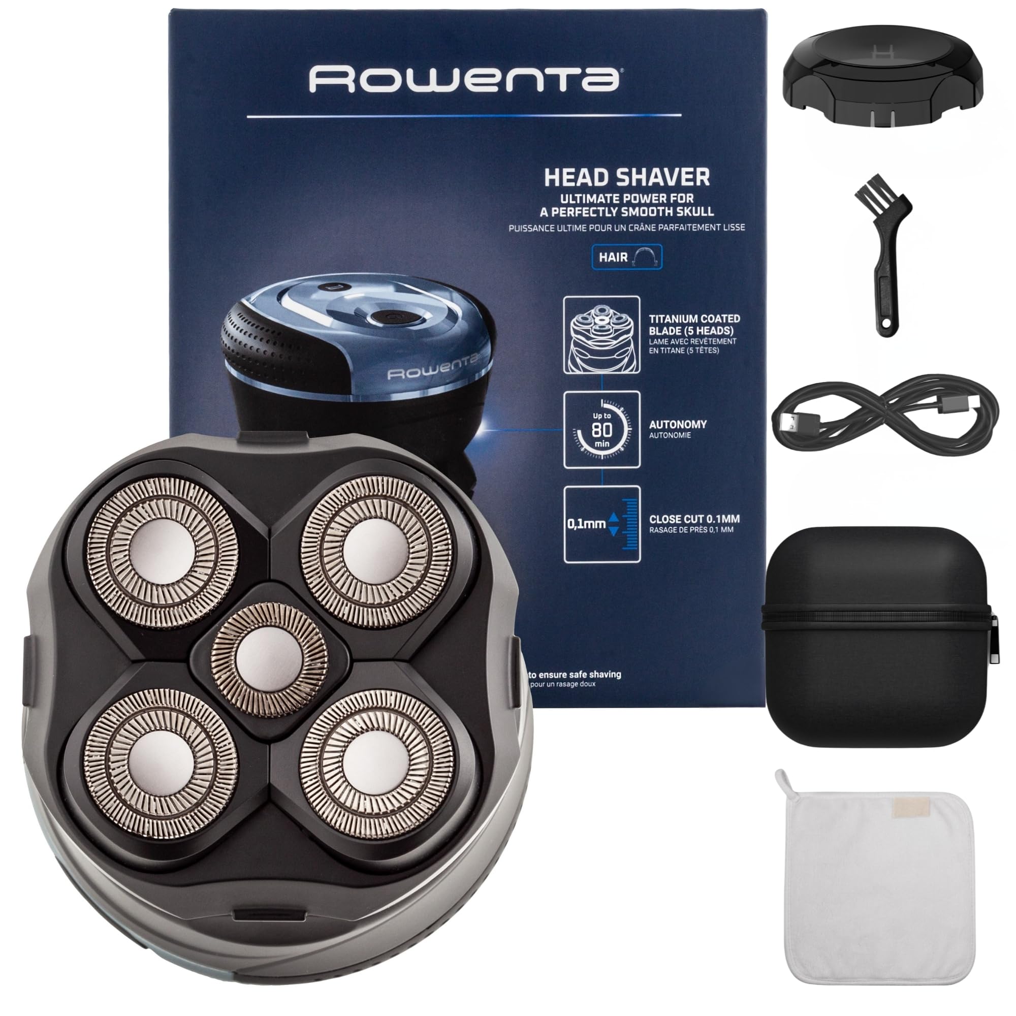 Rowenta Afeitadora de Cabeza Barber Experience, 5 cabezales con cuchillas de recubrimiento de titanio, apura hasta 0,1 mm, autonomÃa 80 min, resistente al agua, incluye toalla de microfibra, TN3180OM