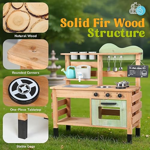 Miniatura 3 de Cocina de barro para niños al aire libre, juego de cocina de madera con fregadero extraíble, grifo, estufa, pizarra y utensilios de cocina, juguete