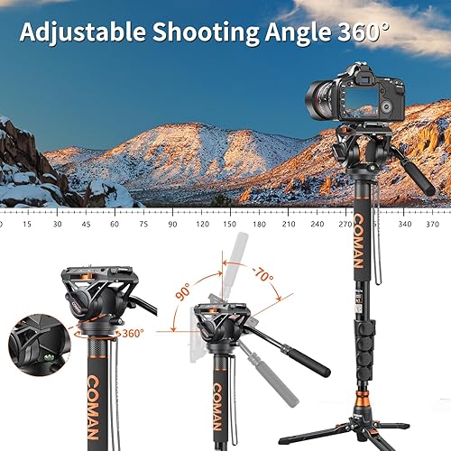 Vista 9 de Monopie para cámara, COMAN cámara monopie con pies Q6 cabezal fluido con trípode 70.6 pulgadas carga máxima 22 libras para fotografía, cámaras