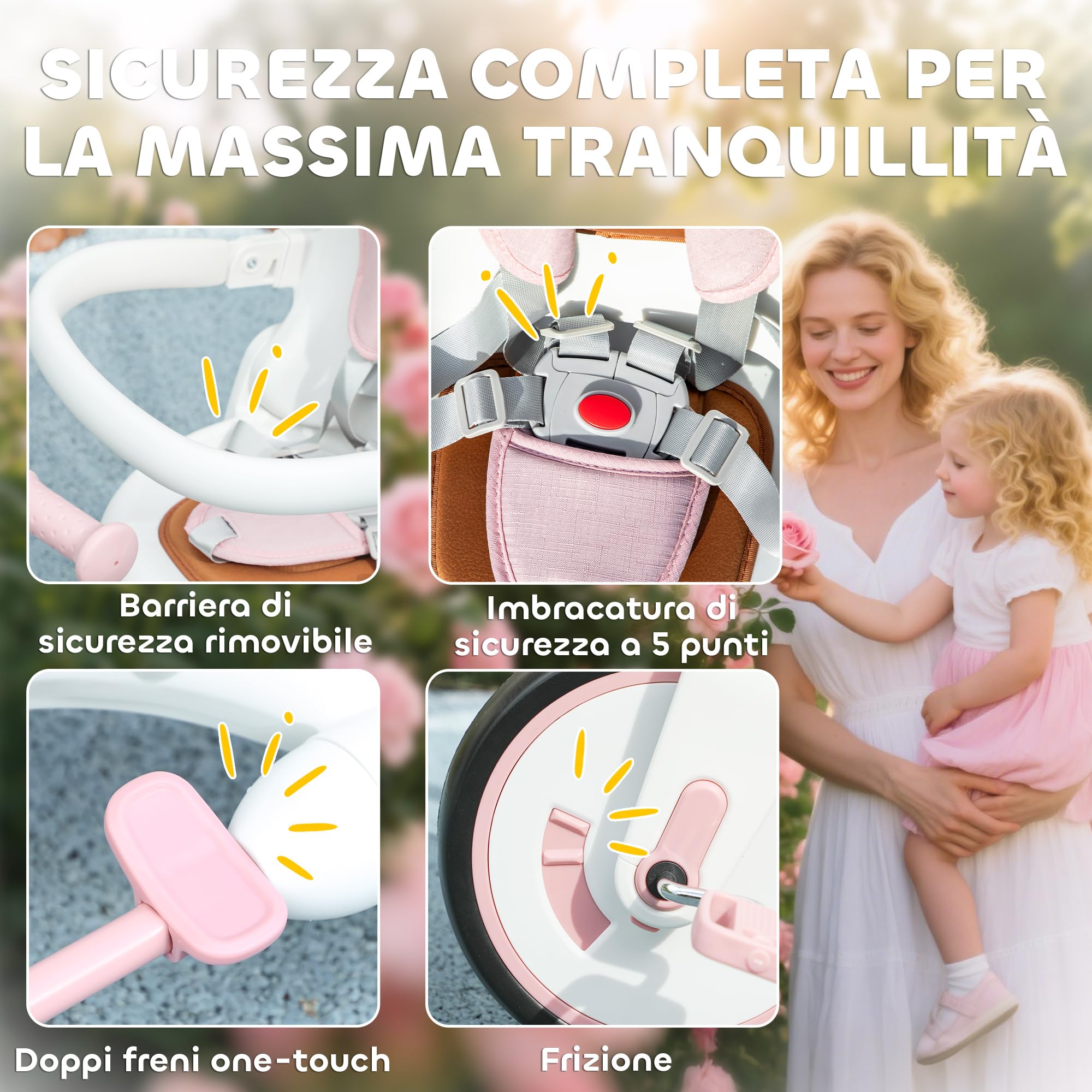 AIYAPLAY Triciclo per Bambini 5 in 1 Cintura 5 Punti 96.5x49x101 cm Rosa | Barra di Sicurezza, Maniglione, Copertura Superiore Rimovibile, Triciclo Bambini in Alluminio e PP