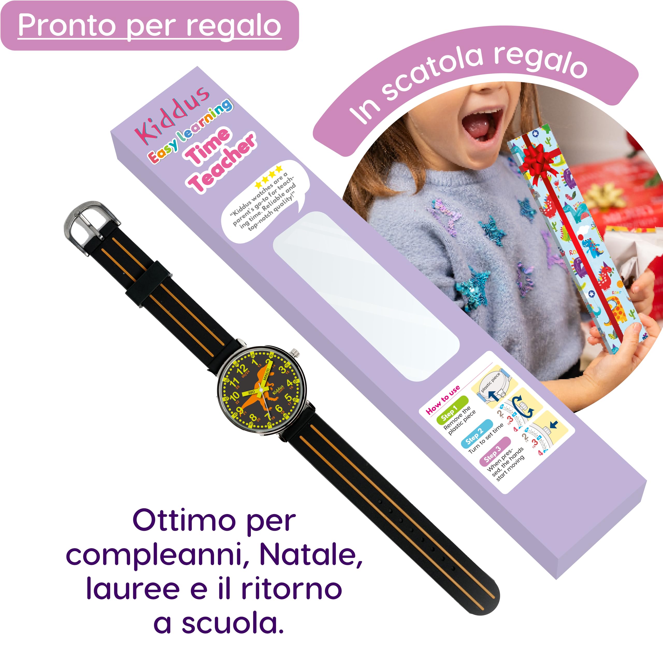 Kiddus Reloj Educativo Infantil para Niño y Niña a Partir de 5 Años, Reloj Analógico para Aprender la Hora, Mecanismo Japonés