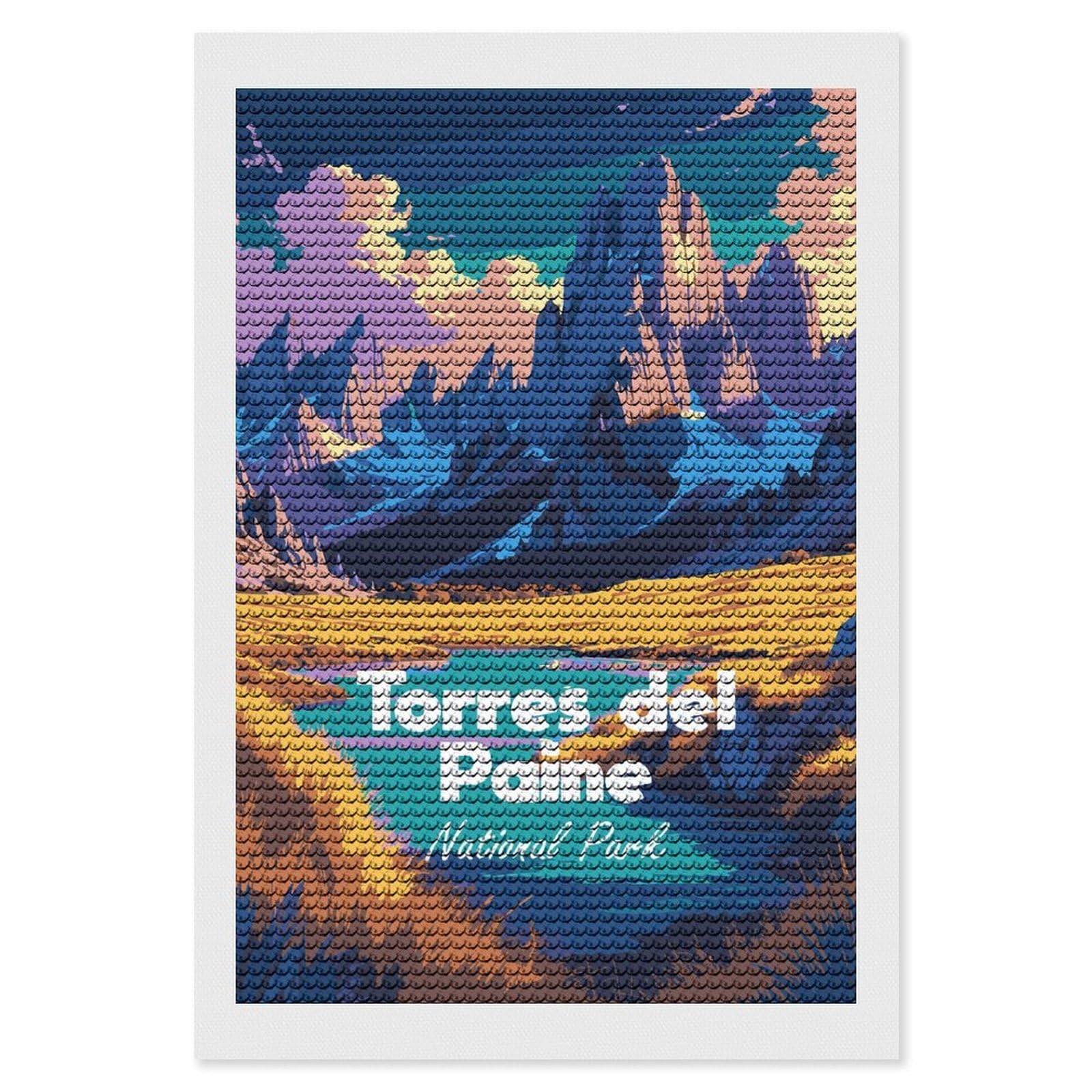 Junmoney Torres Del Paine National Park Diamond Art Canvas 8"x12", for Adults, Pleasing Wall Art Project, Modern Decor, Gift Idea, Nice Detail and Sparkle