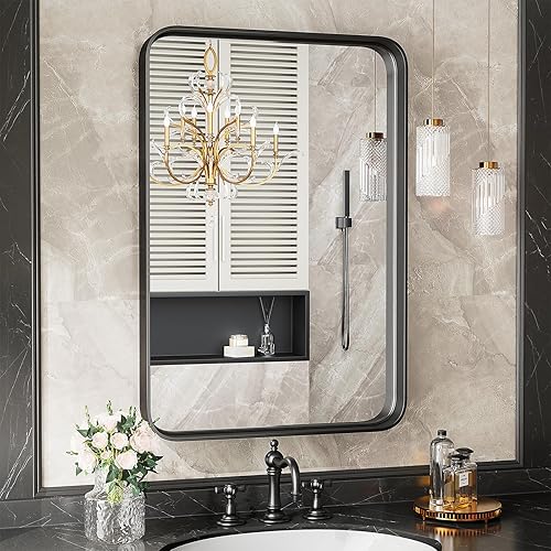 Bathroom Mirror,22" x 30" Wall Mounted Mirror,Matte Bathroom Vanity Mirror,Rounded Rectangle Mirror,Explosion-Proof Tempered Glass,Aluminum Alloy Frame,Hangs Horizontally or Vertically,Black