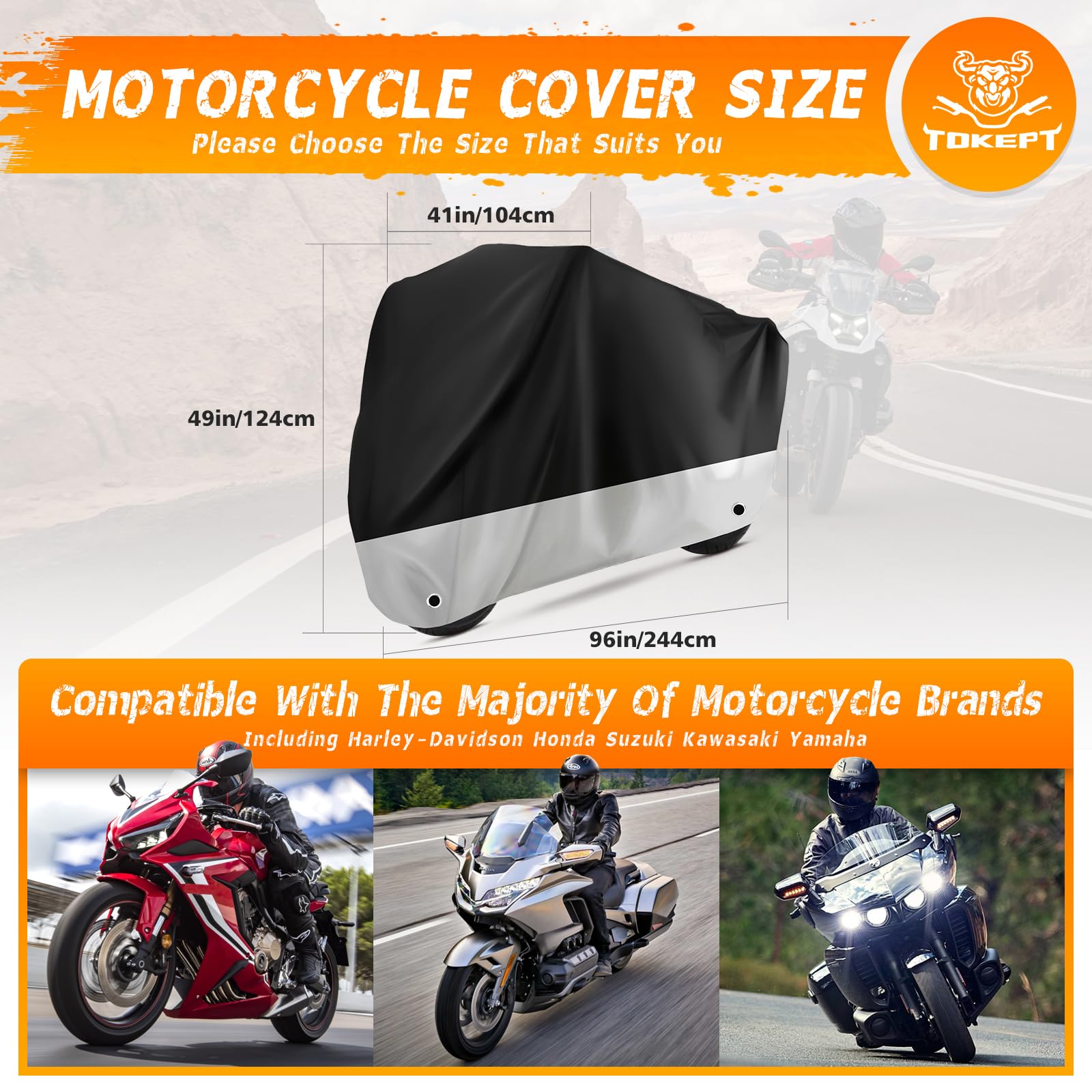 Pokrowiec na motocykl, wodoodporny, ochrona na zewnątrz, z otworami na zamek i torbą do przechowywania, pasuje do motocykli o przekątnej do 96 cali, do Harley Davidson, Honda, Suzuki, Kawasaki