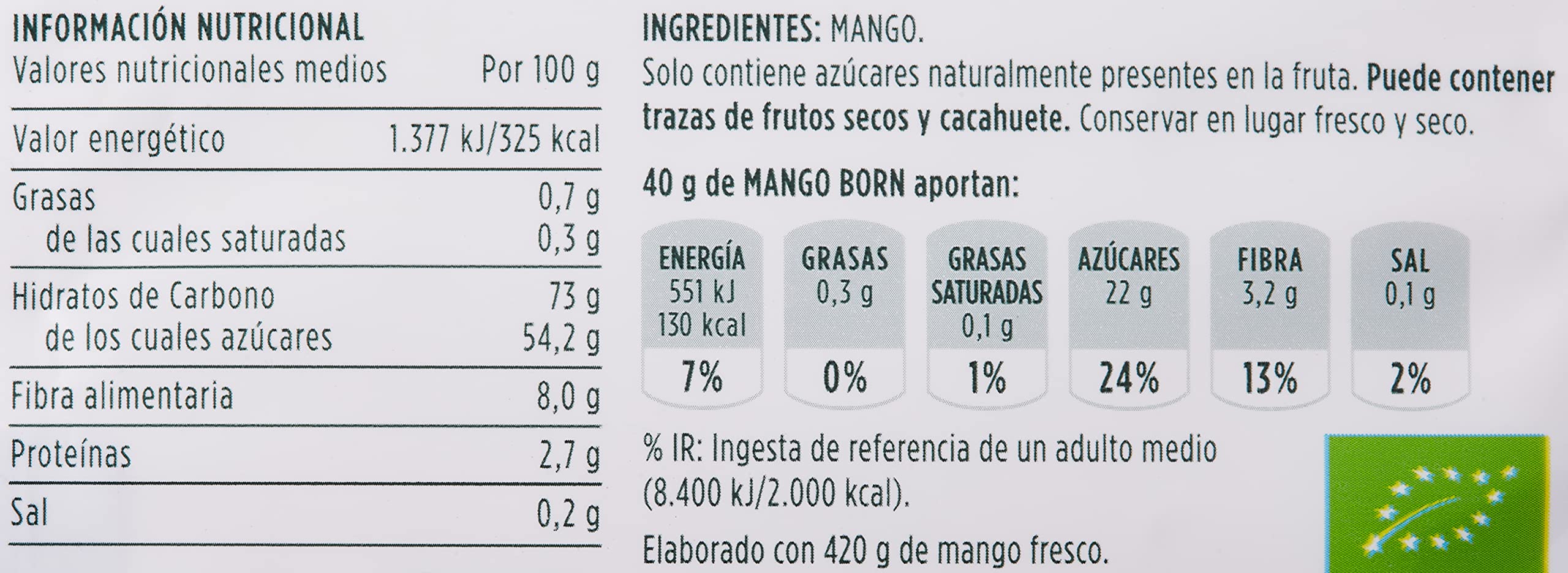 Born | Mango Deshidratado | Fruta Deshidratada Ecológica | Vegetariano, Vegano, sin Gluten | 40g