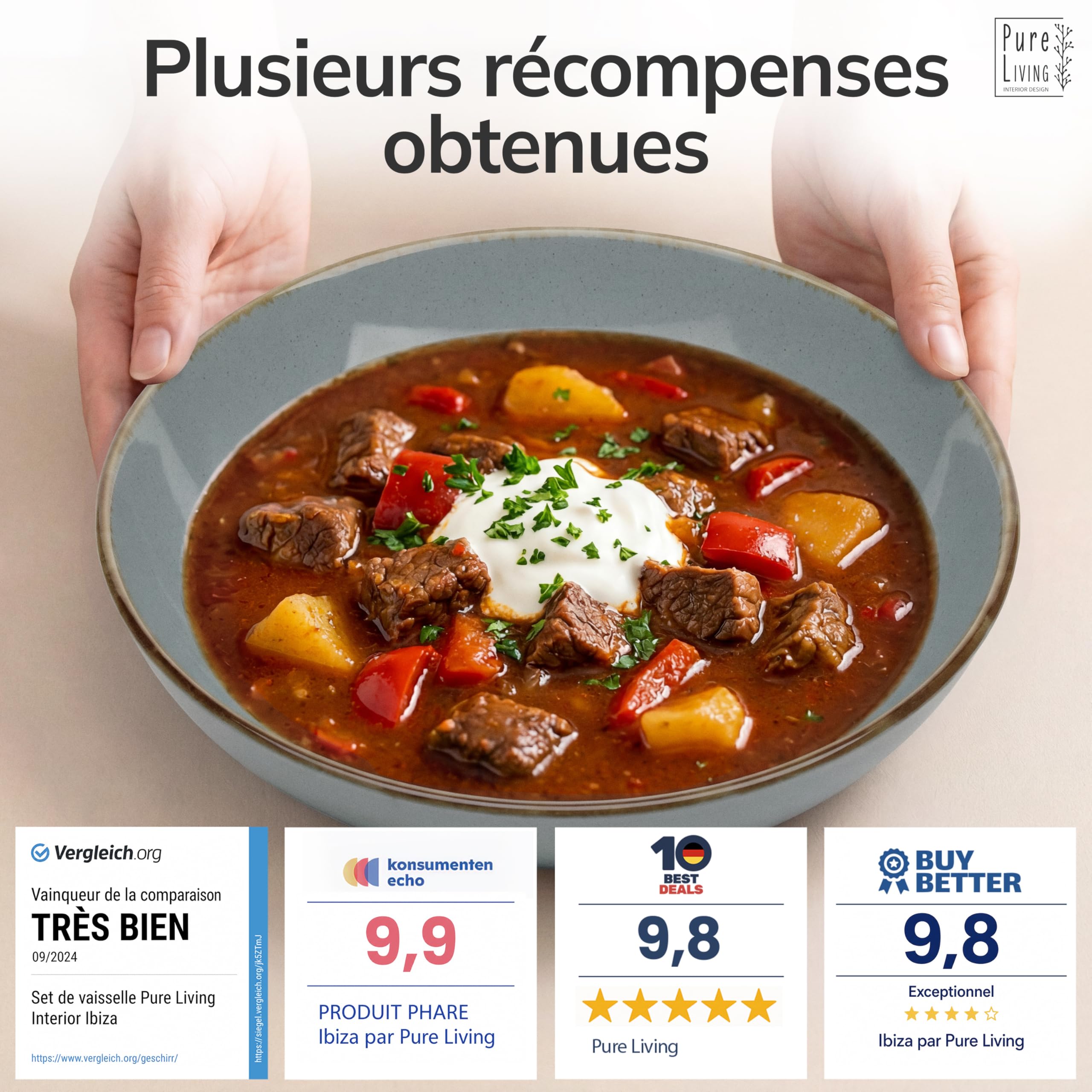 Assiettes creuses en grès Rustic - Lot de 6 - Vaisselle style maison de campagne Pure Living pour soupes, pâtes et salades - Passe au lave-vaisselle - Bleu fumé