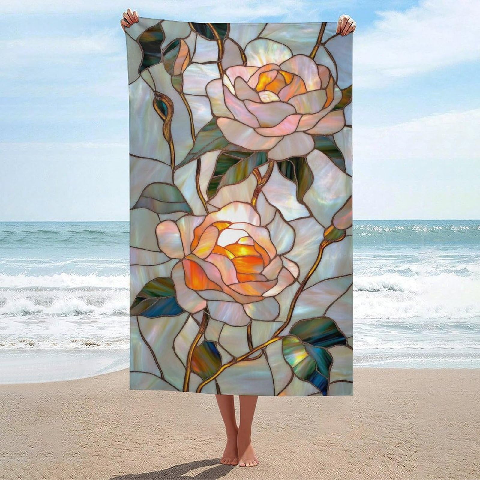LSRCPD Stained Glass Blooming Roses with Green Leaves Beach Towel Sand Free Microfiber Large Shower Towels Multipurpose Absorbent for Bathroom Pool 130x80 CM
