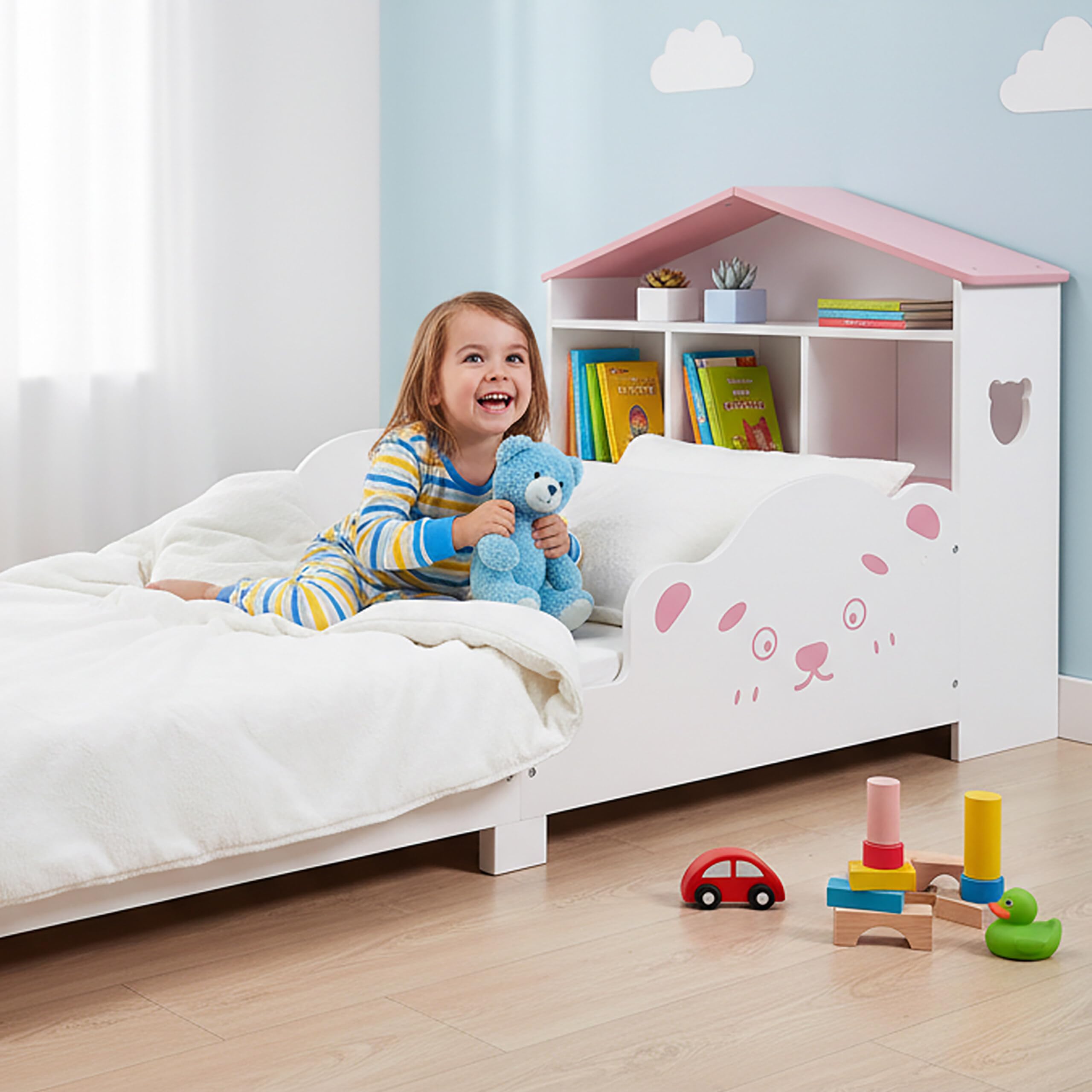 Relaxdays Lettino casetta con ripiano, sponde Anti-Caduta, Rete a doghe, Orsetti, Bianco/Rosa 70x140 cm