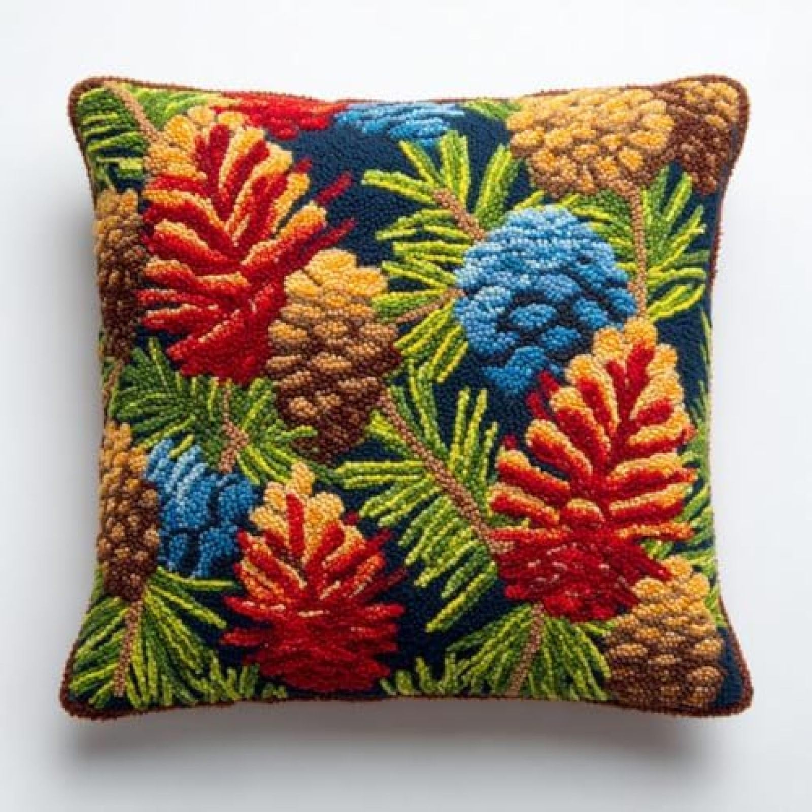 kitphoenix DIY Latch Hook Cushion Kit Pine Leaves and Pine Cones,Beginner-Friendly Rug Hooking Pillow Kit,Crochet Craft Cushion Cover for Home Decor,43x43 cm-4
