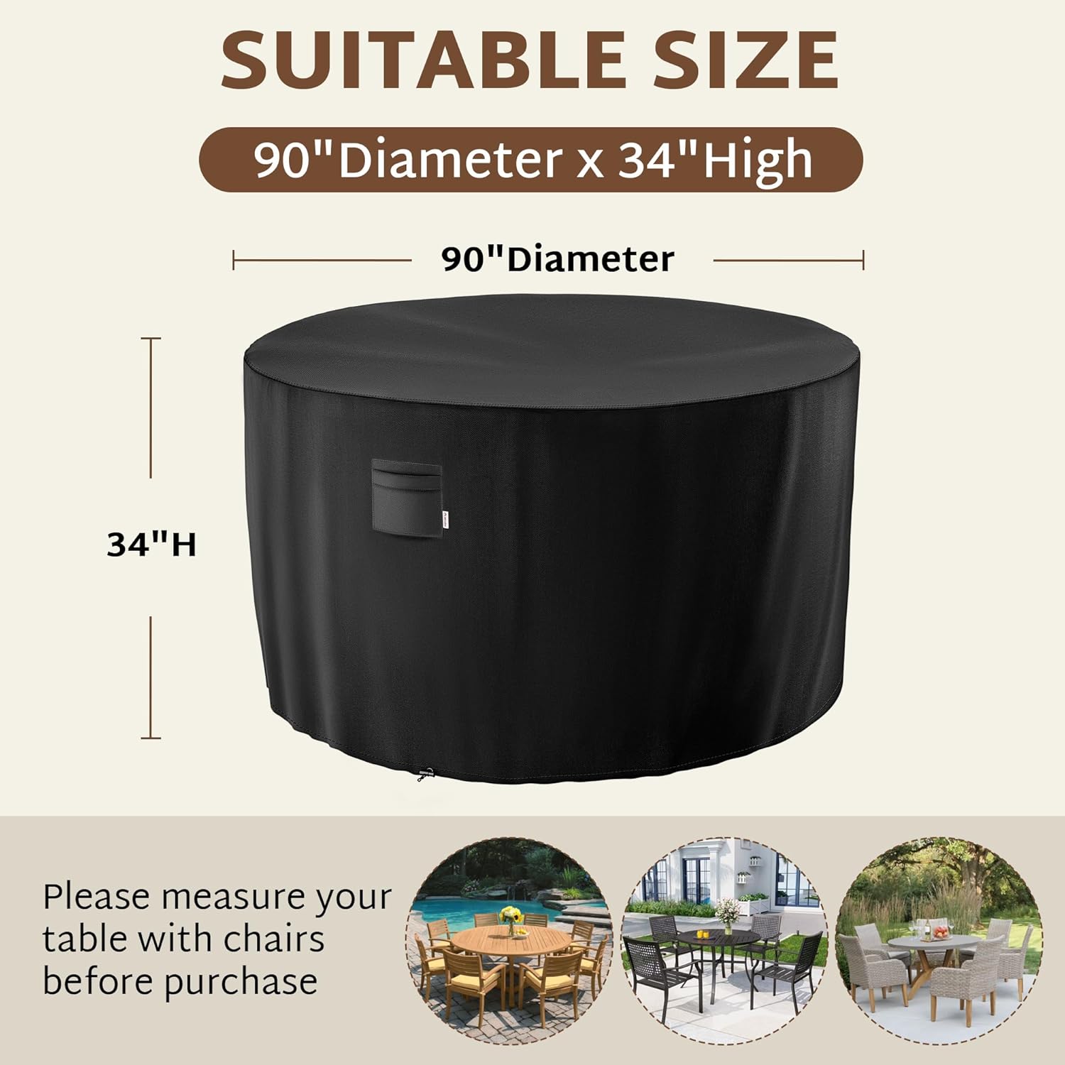 iBirdie Round Patio Furniture Cover 90 x 34 inch, Outdoor Waterproof and Weatherproof for Garden Table and Chairs, Heavy Duty 600D, fit 90, 88, 86, 85 Diameter