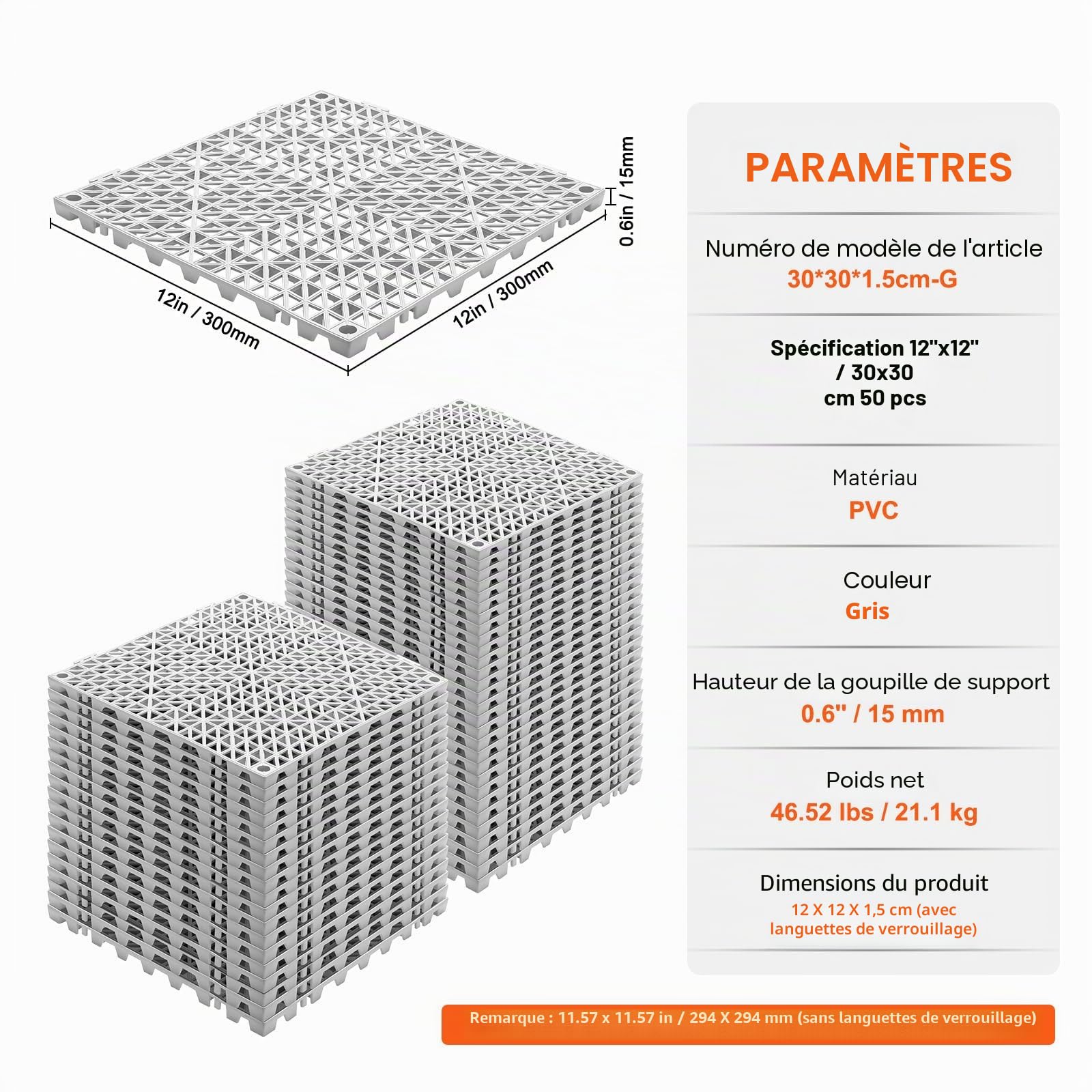 VEVOR Lot de 50 Dalles de Jardin Piscine 30x30x1,5 cm Gris Dalle Clipsable Ajourée Antidérapante en PVC Drainage Rapide Revêtements de Sol Extérieur Intérieur pour Terrasse Cuisine Spa Salle de Bain