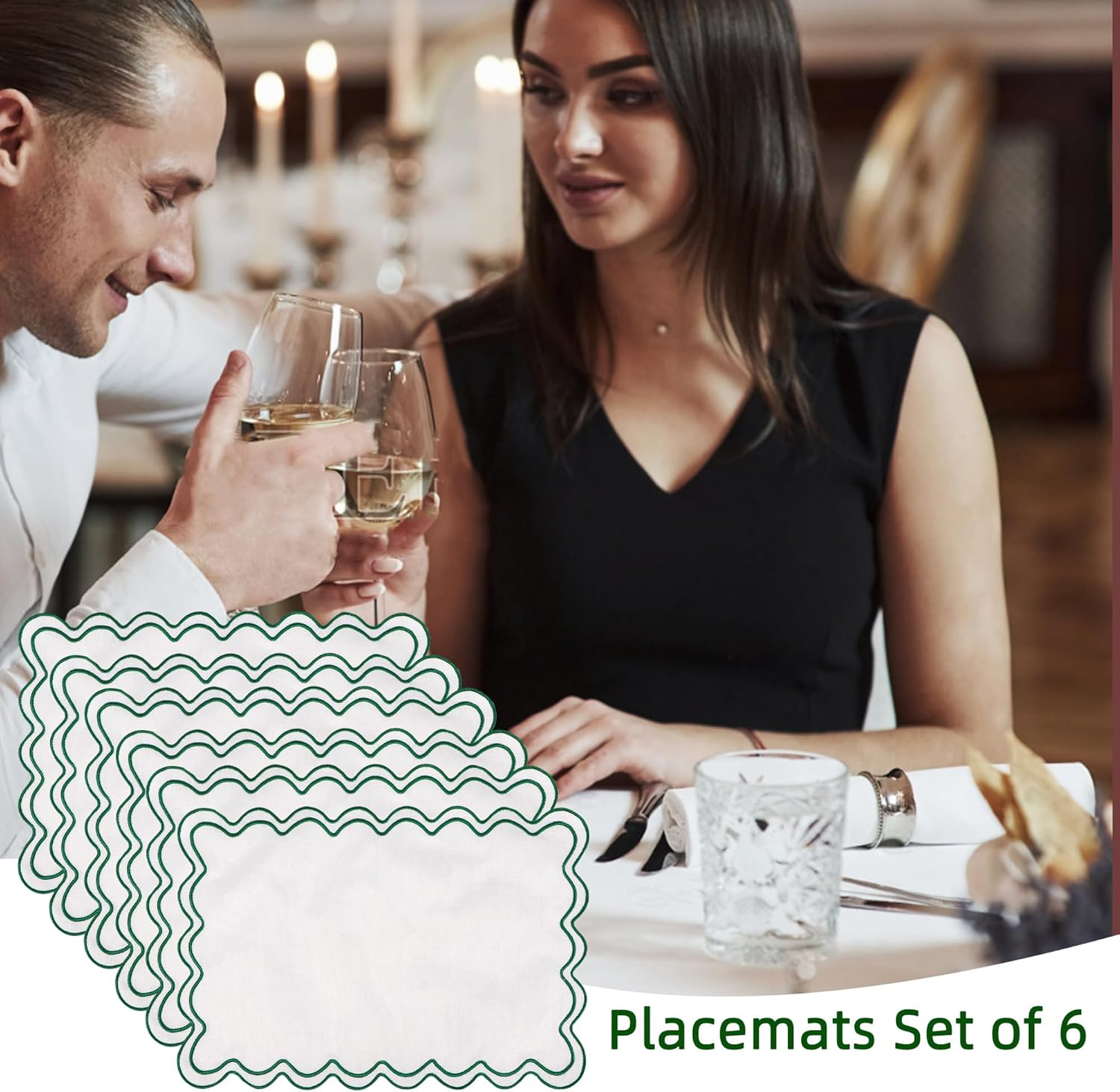 Set of 6 Cotton Linen Placemats, 13''x 19'' Wavy Embroidery Scalloped Placemats Washable Rustic Dinner Waterproof Table Mats (Green)
