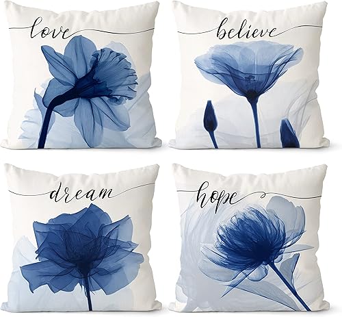 Juego de 4 fundas de almohada azules de 18 x 18 pulgadas almohadas decorativas florales para sofá azul marino fundas de almohada para sala de estar