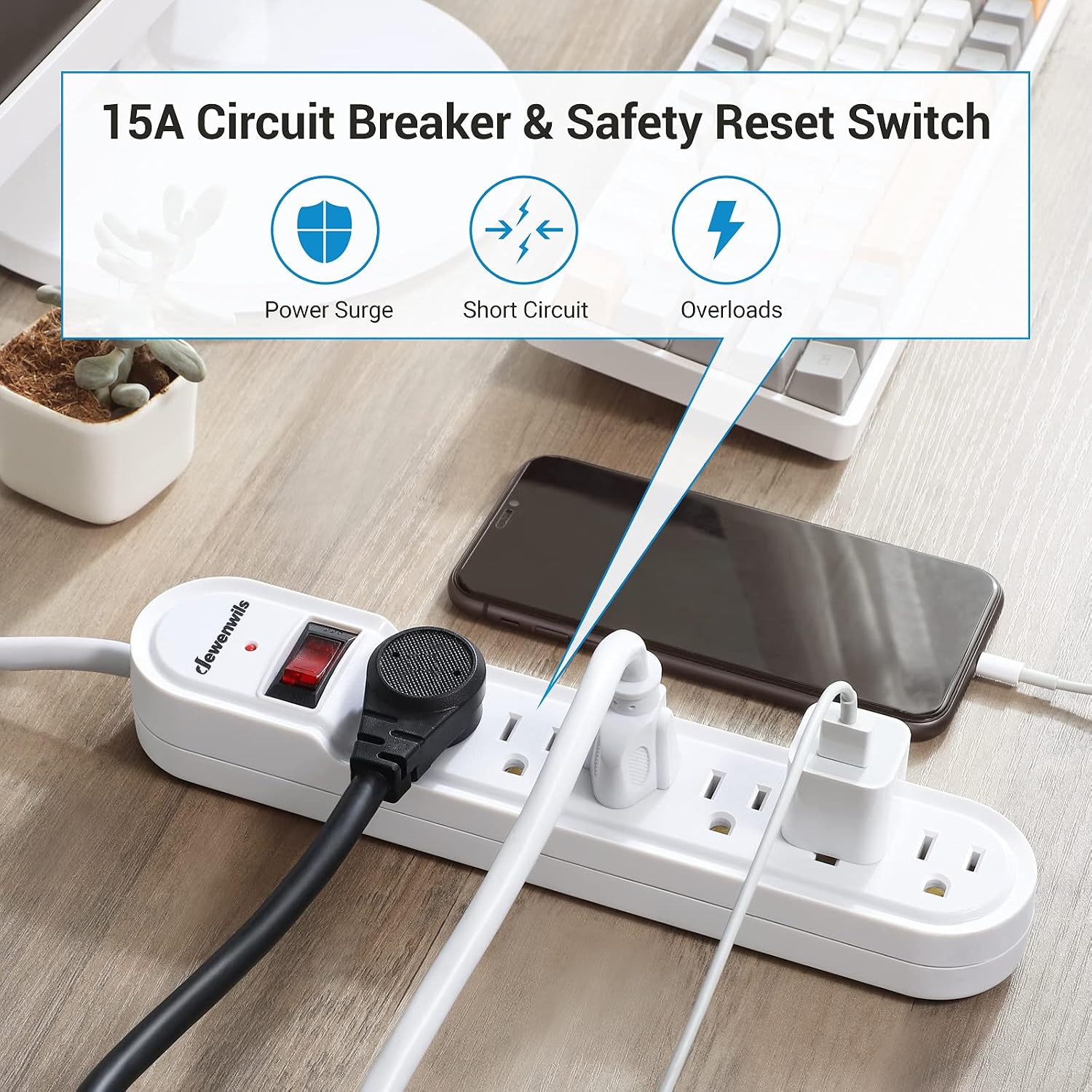 DEWENWILS 6-Outlet Surge Protector Power Strip, 10FT Long Extension Cord, 560Joules Surge Protection, 15 Amp Circuit Breaker, Low Profile Flat Plug, Wall Mountable, White, UL Listed