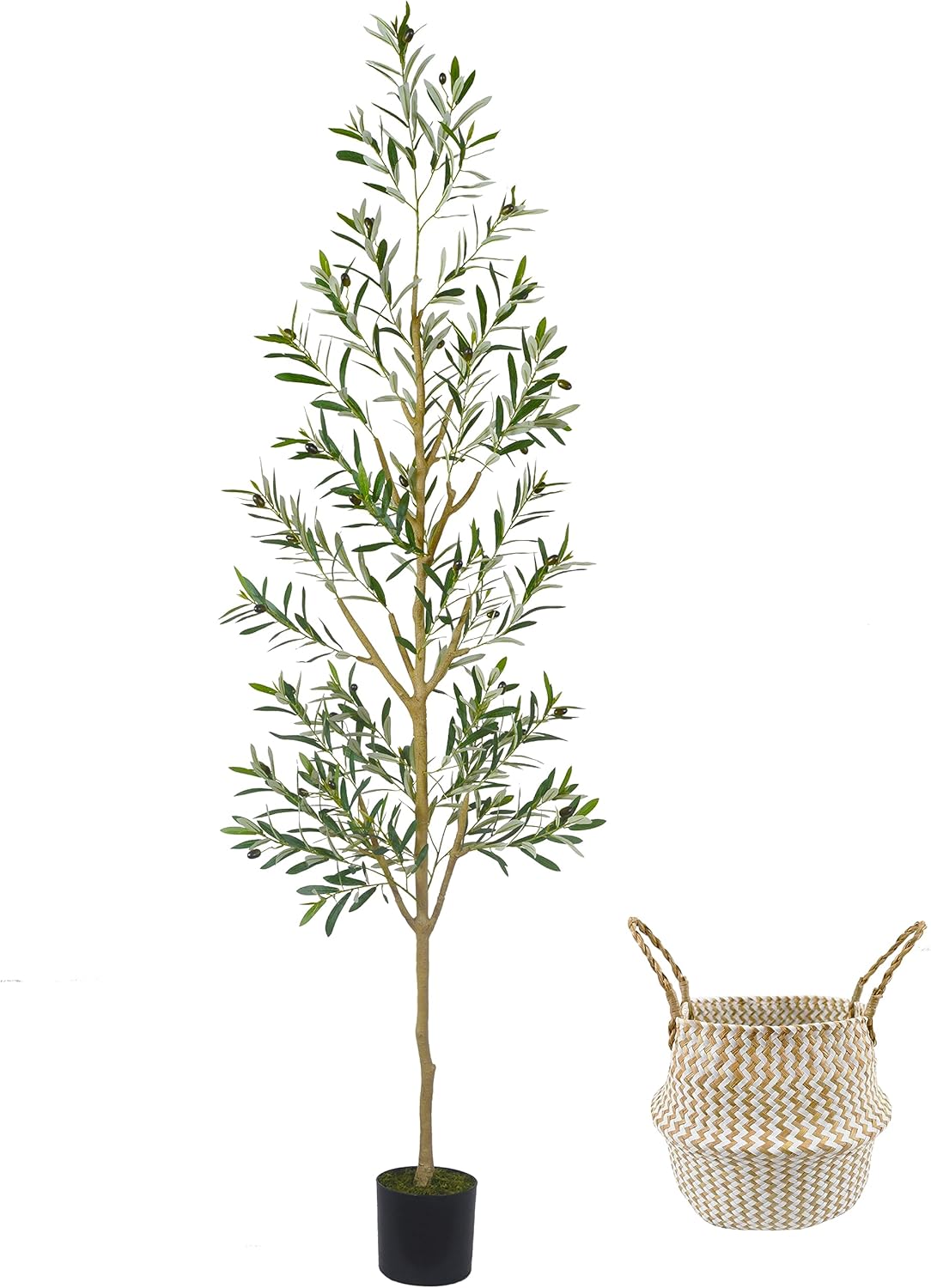 7.8ft (93”) Artificial Olive Tree, Tall Fake Olive Plant with Basket, Indoor Outdoor Faux Olive Silk Tree for Home Livingroom Office Floor Decor (Natural Green Leaves) Olive 7ft 9in