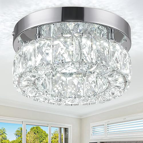 Mini Modern Chandelier Crystal Ceiling Light Flush Mount 6500K LED Chandeliers with Crystals for Bedroom Hallway Kitchen Closet Foyer