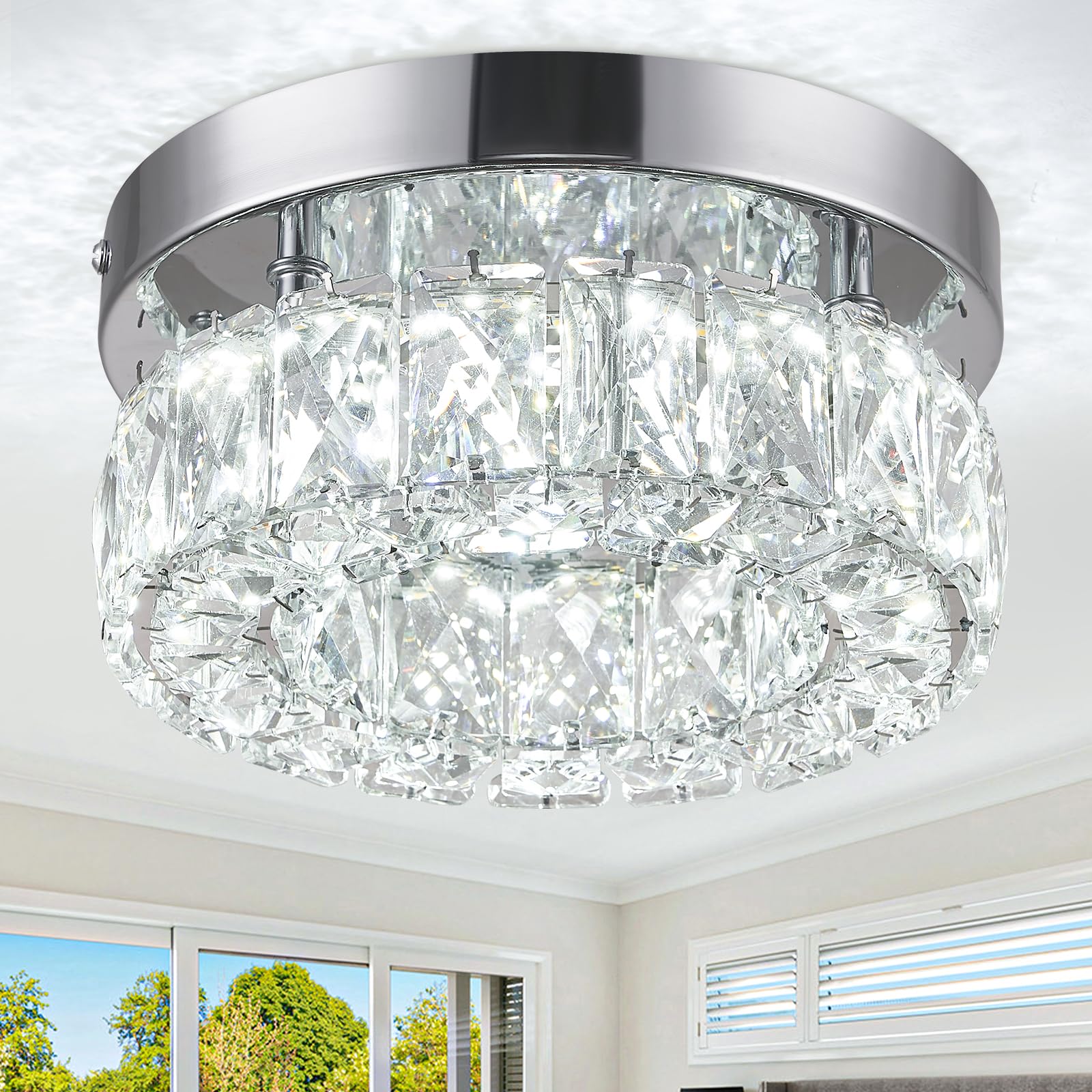 RHEAFON 7.9" Mini Crystal Chandelier LED Flush Mount - K9 Crystal & Stainless Steel Ceiling Light for Bedroom, Kitchen, Hallway (6500K Cool White)