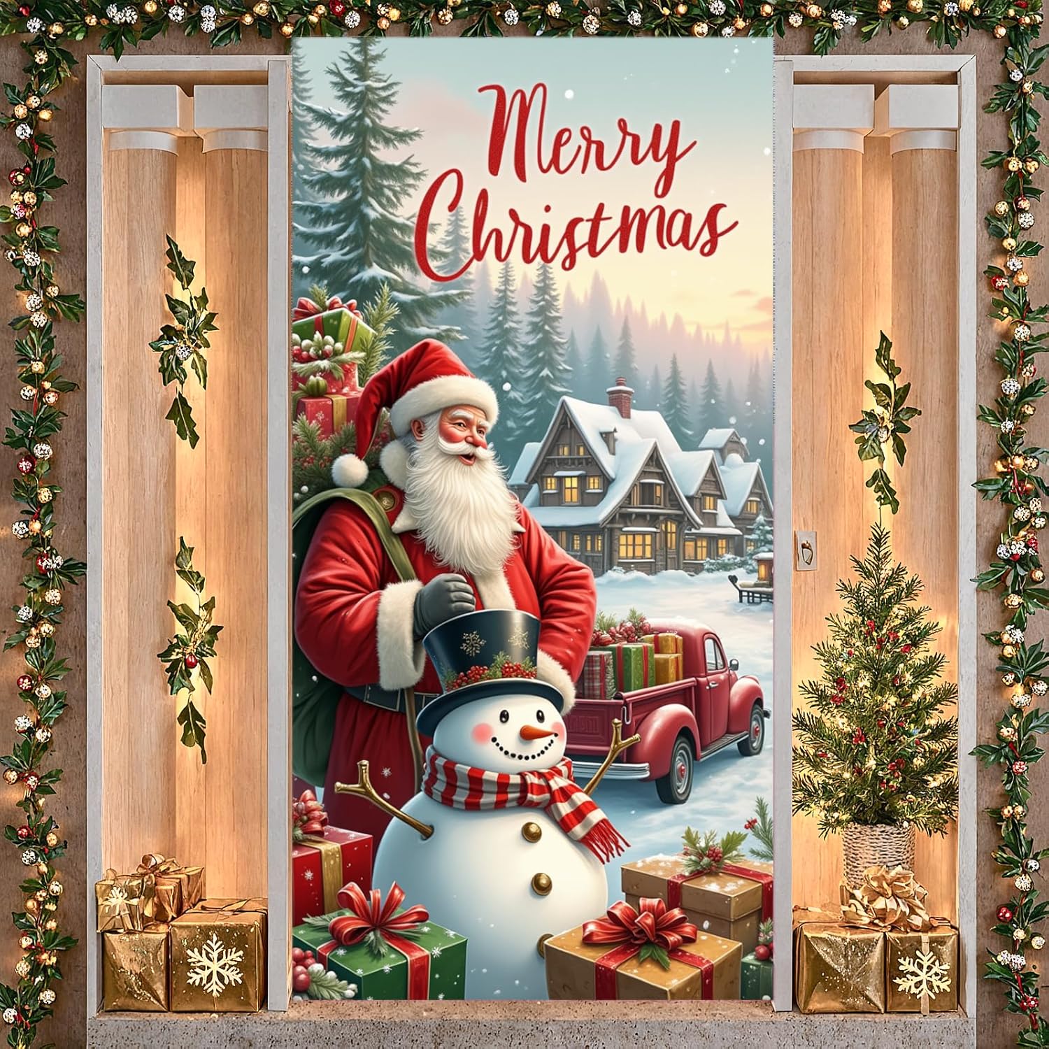 Christmas Door Cover Decorations Santa Claus Christmas Door Banner Merry Christmas Sign Santa Claus Snowman House Scene Door Hanging Wall Banner Photo Booth Prop for Xmas New Year Indoor Outdoor Decor - Image 7