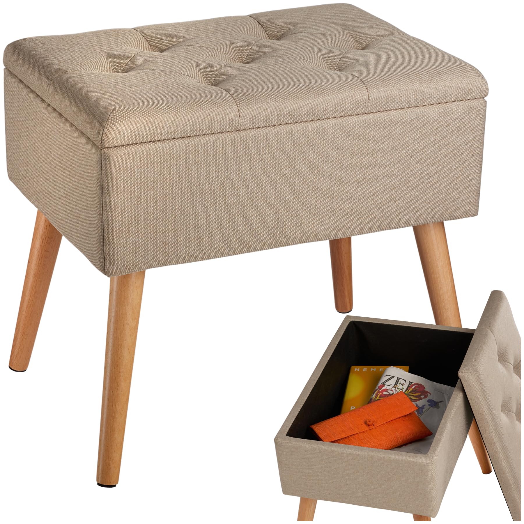 tectake® Hocker mit Stauraum, Sitzhocker mit Stauraum, Aufbewahrungsbox mit Deckel, Fußhocker in Leinenoptik, Hocker Holz Beine, als Sitzbank Flur, im Wohnzimmer oder Schlafzimmer - Sand