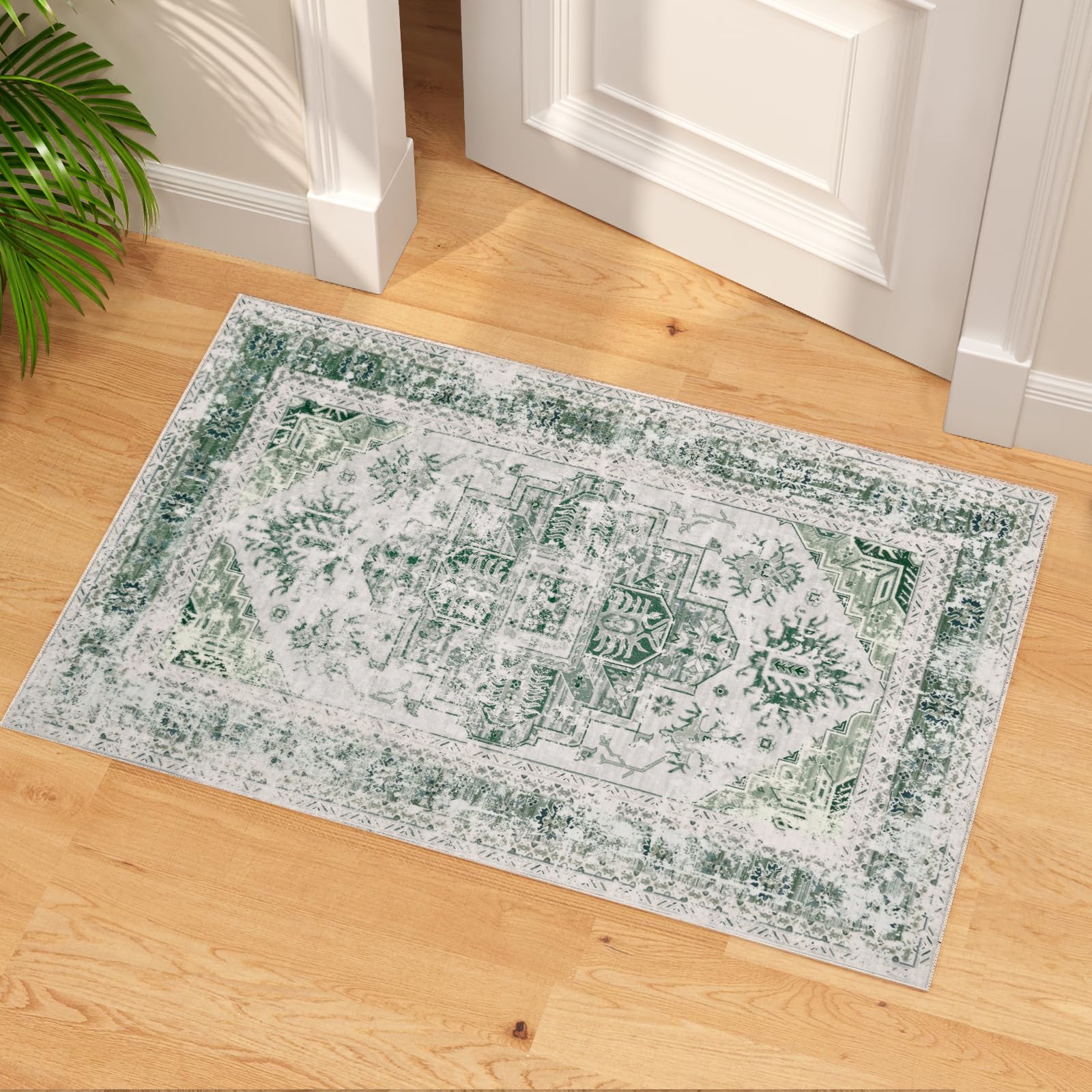 Vintage Rugs for Entryway, 2x3 Washable Low Pile Rug, Small Front Door Non-Slip Area Rug for Kitchen, Throw Rugs with Rubber Backing, Soft Boho Indoor Entrance Bedroom Entry Carpet mat (Green)