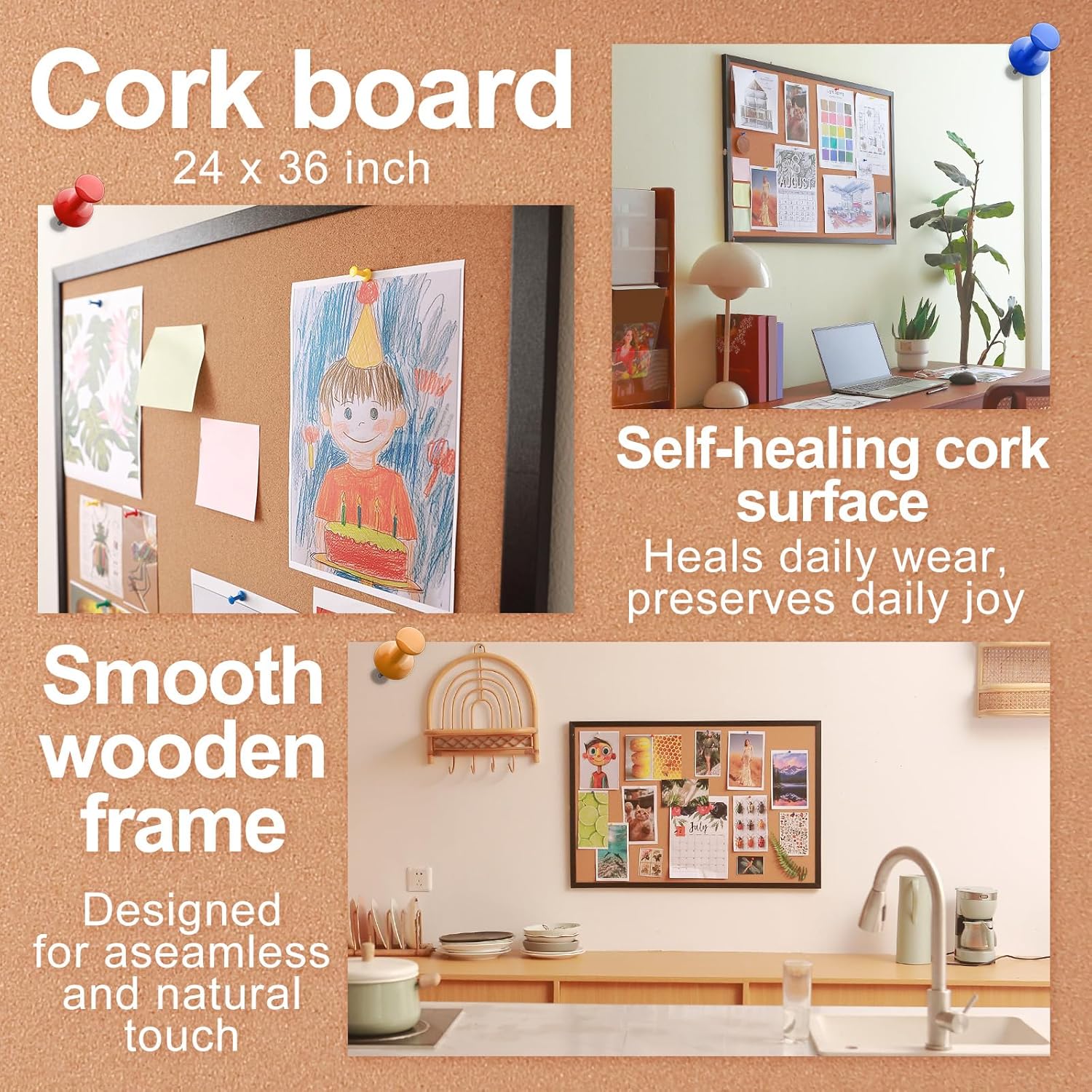 24x36 Inch Cork Bulletin Board for Wall with Black Wood Frame | Modern Pin Board for Office & Home | Includes 20 Push Pins & Mounting Hardware