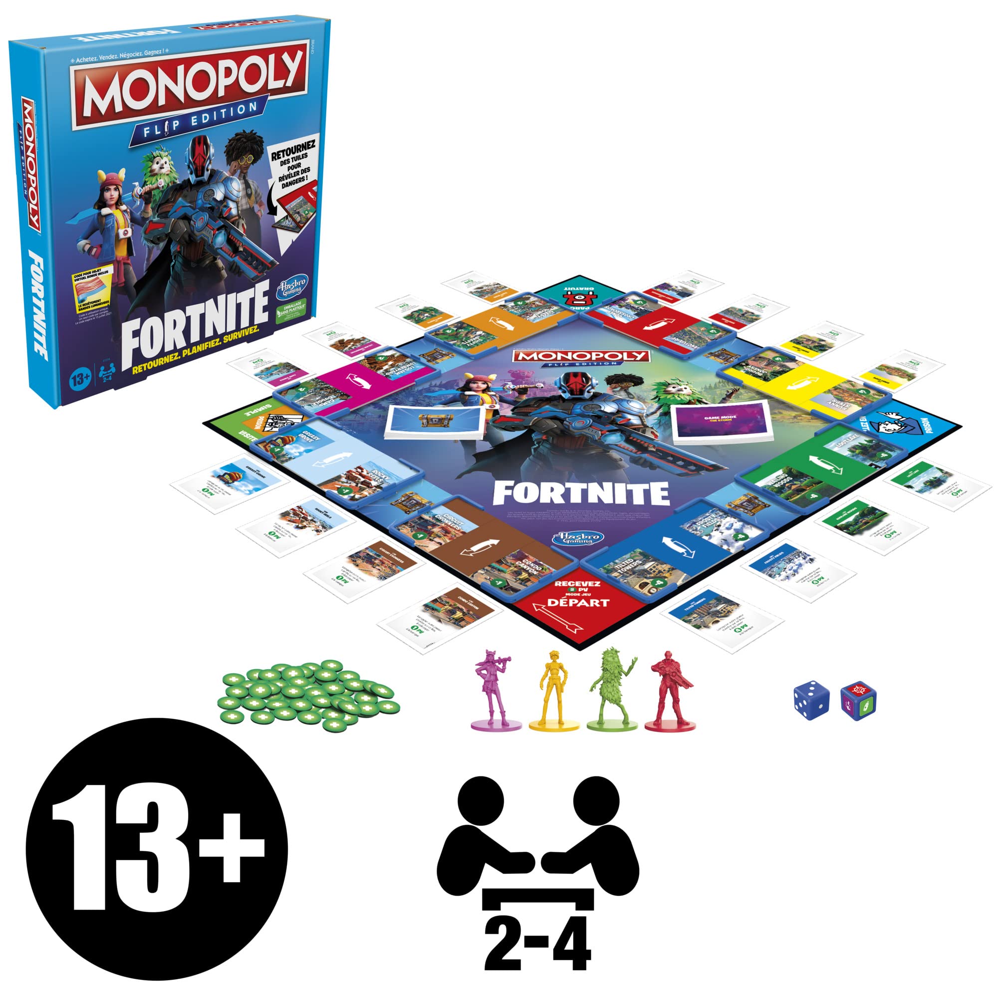 Monopoly Flip édition : Fortnite, Jeu de Plateau Monopoly inspiré du Jeu vidéo Fortnite, Jeux de Plateau pour Adolescents et Adultes