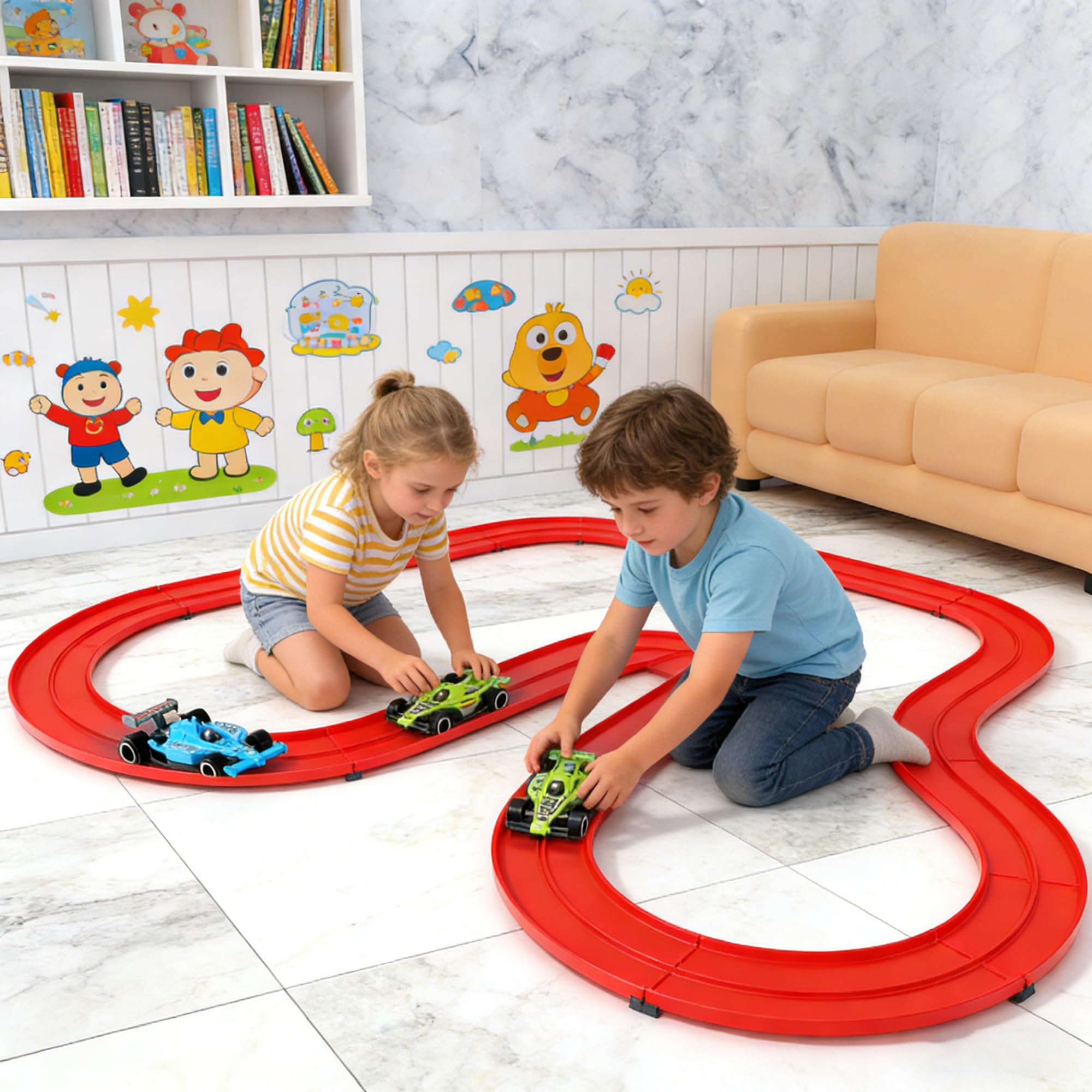 Ecofocet 5 m Circuit Voiture Enfant,Circuit Voiture Flexible,Piste De Course Flexible,Double Piste de Course,avec 4 Voitures,looping et Piste en U,Jouet 3 Ans et Plus