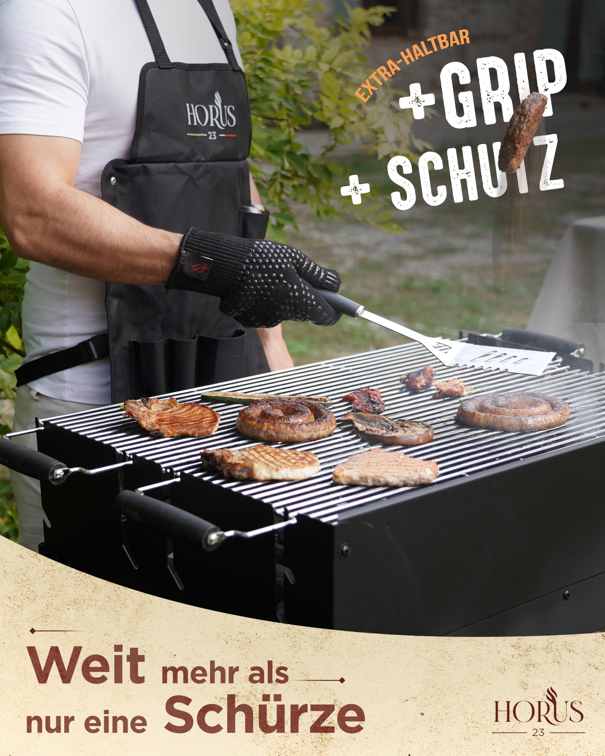 HORUS 23® – Grill Set mit Grill Zubehör aus Edelstahl, Oxford-Schürze, Hitzeschutzhandschuh und Grillmatte - Geschenke für Männer Grillen