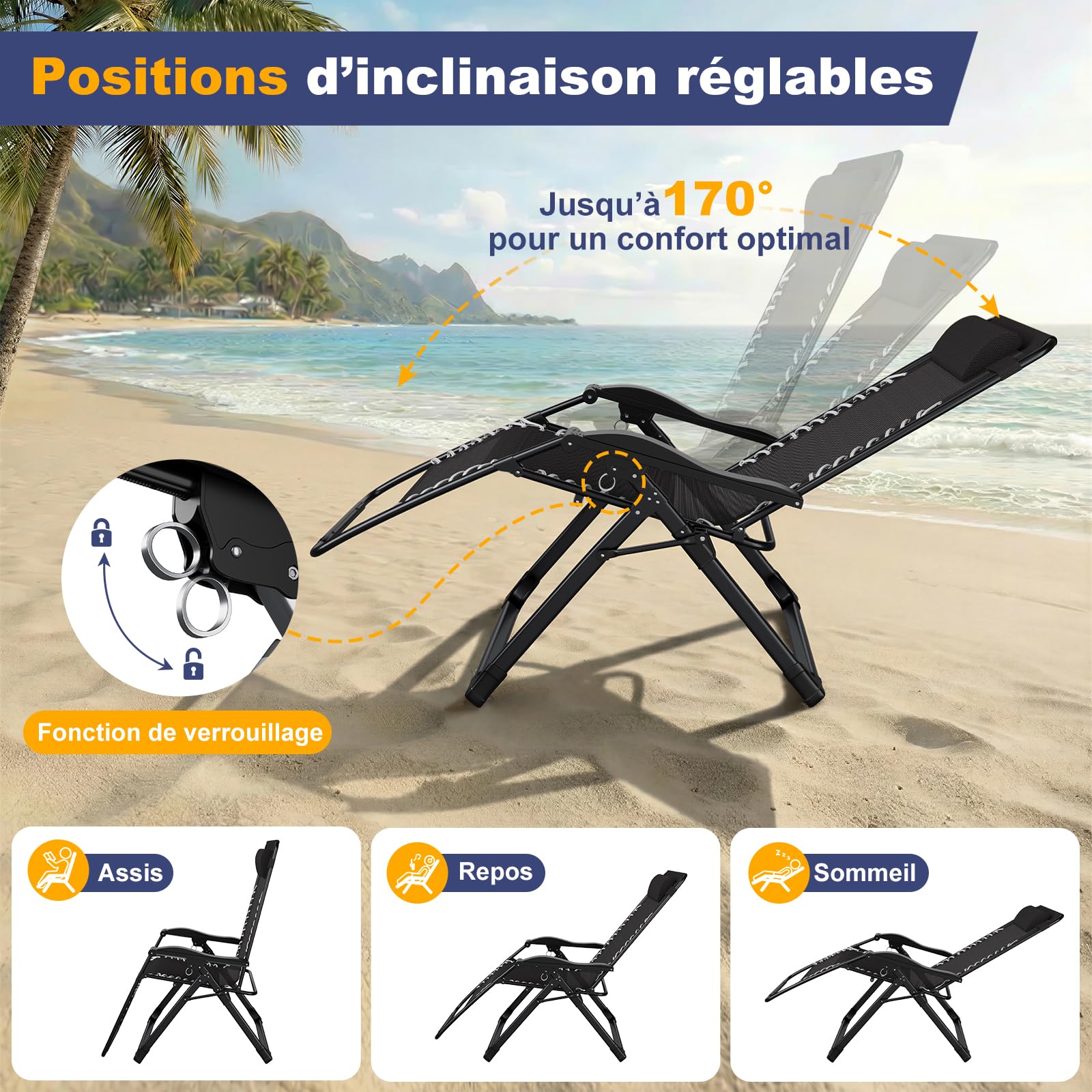 Dripex Chaise Longue Jardin Exterieur, Transat Support 150kg - Noir | Pliante Inclinable, avec Plateau, Tête Amovible