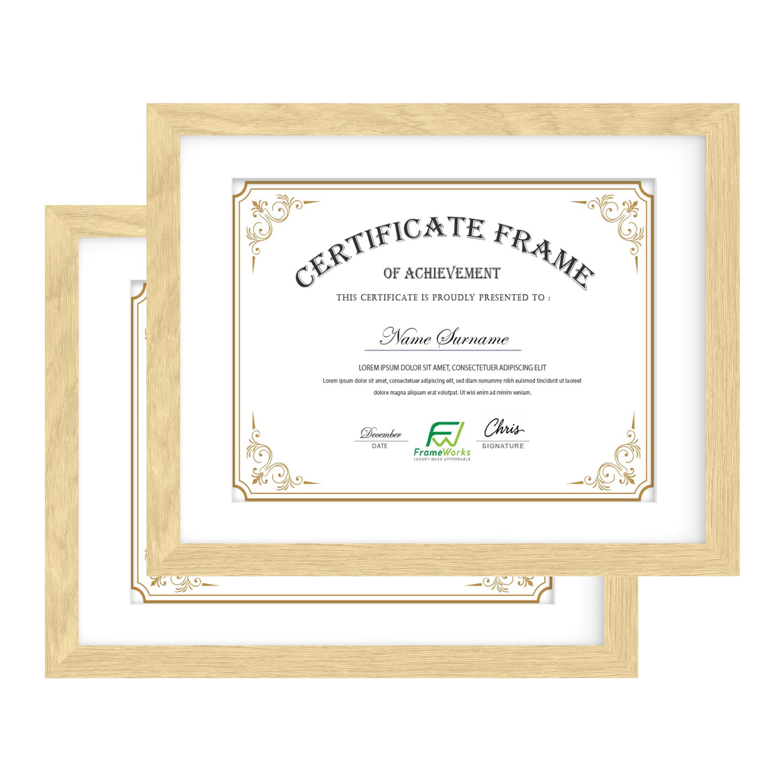 FrameWorks 11x14 mat to 8.5x11 Classic Wooden Document Frames Tempered Glass/Natural Oak / 2-Pack
