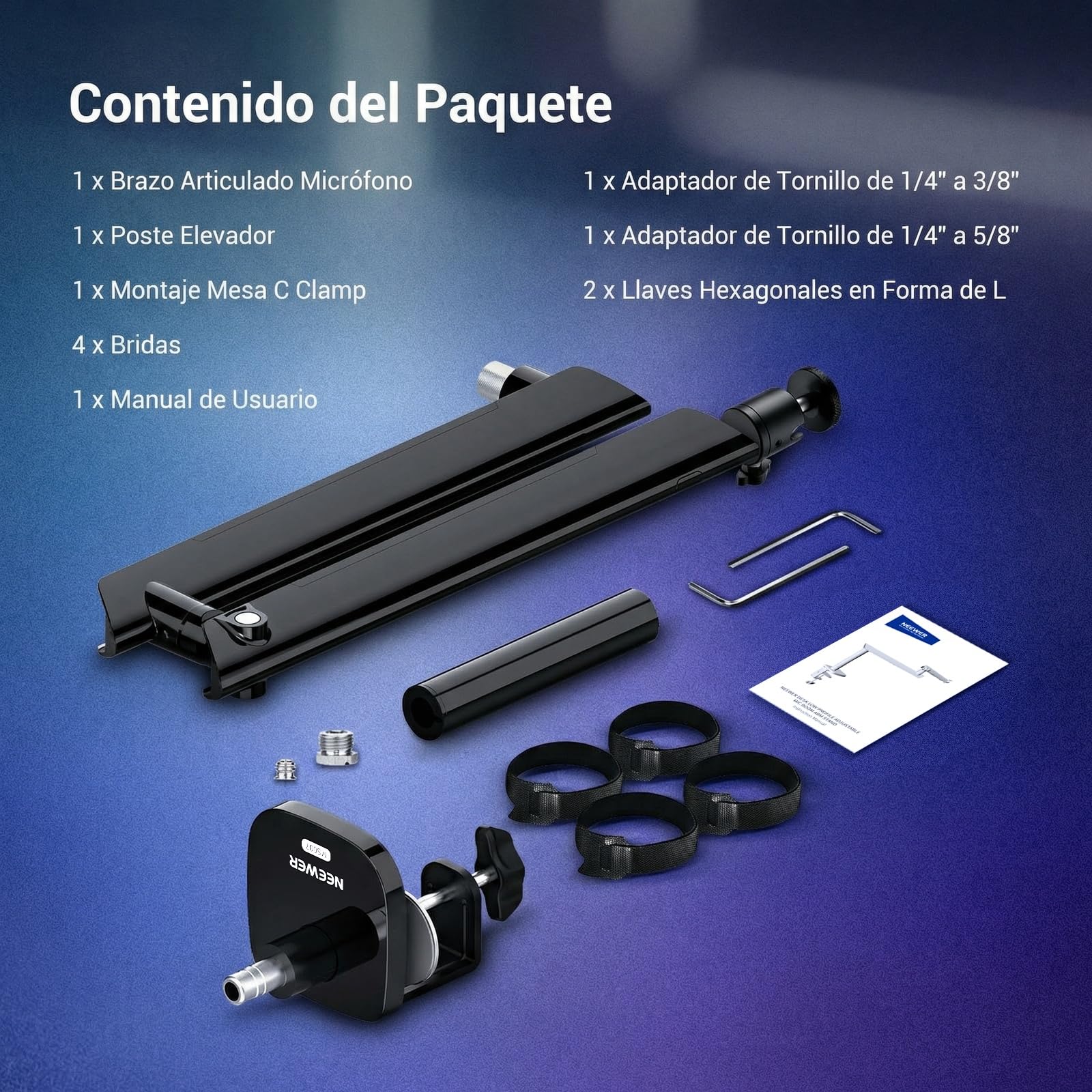 NEEWER Soporte de micrófono, soporte de micrófono amortiguado de perfil bajo, soporte de escritorio con brazo de brazo, cabeza de bola de 360°, canales de cable mejorados, adaptadores de 3/8 pulgadas