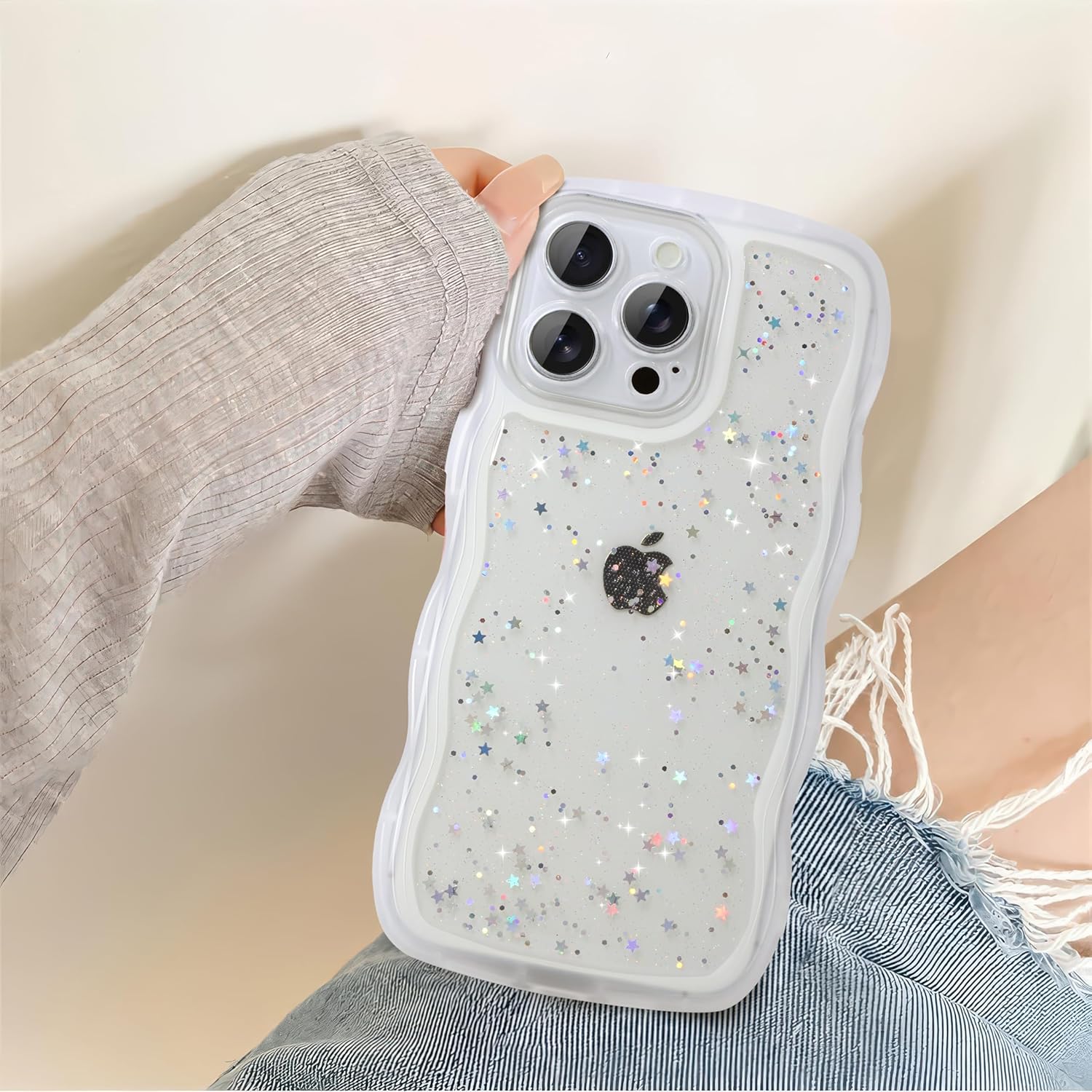 Case for iPhone 15 Pro - Curly Wave Edge Design, Bling Glitter Star Shiny Case, Cute Pink Clear Full Protection Soft TPU Shockproof Cover for Women and Girls (iPhone 15 Pro, Clear) - Image 7