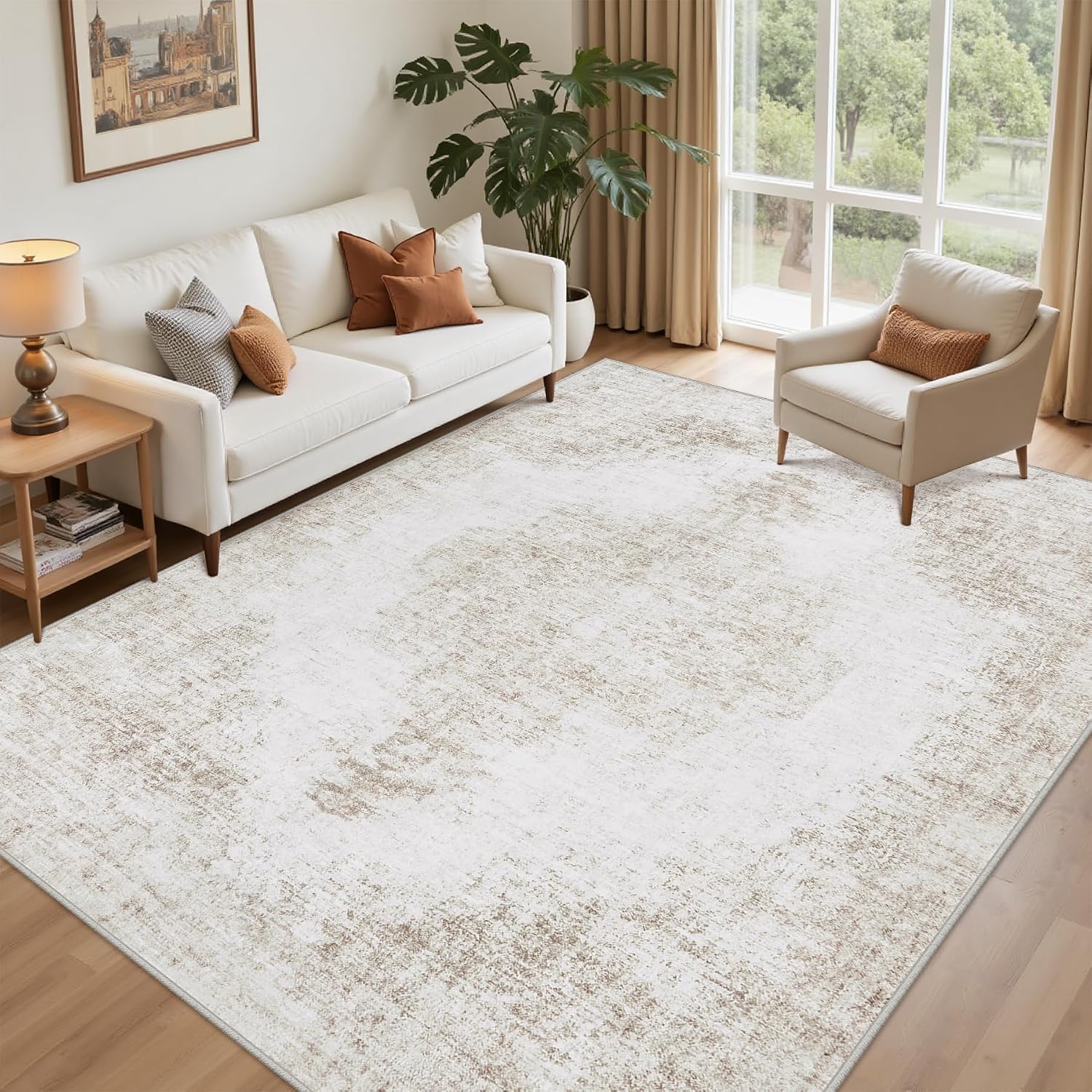 6x9 Area Rugs for Living Room Bedroom, Washable Soft Nursery Rug, Beige Vintage Non-Slip Distressed Large Neutral Rug Boho Retro Medallion Low Pile Carpet Indoor Rugs for Dining Room Office Home
