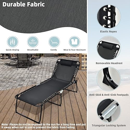 Miniatura 5 de COSTWAY Sillón plegable para patio con 4 posiciones, silla reclinable con almohada para tomar el sol, 2 piezas, color negro