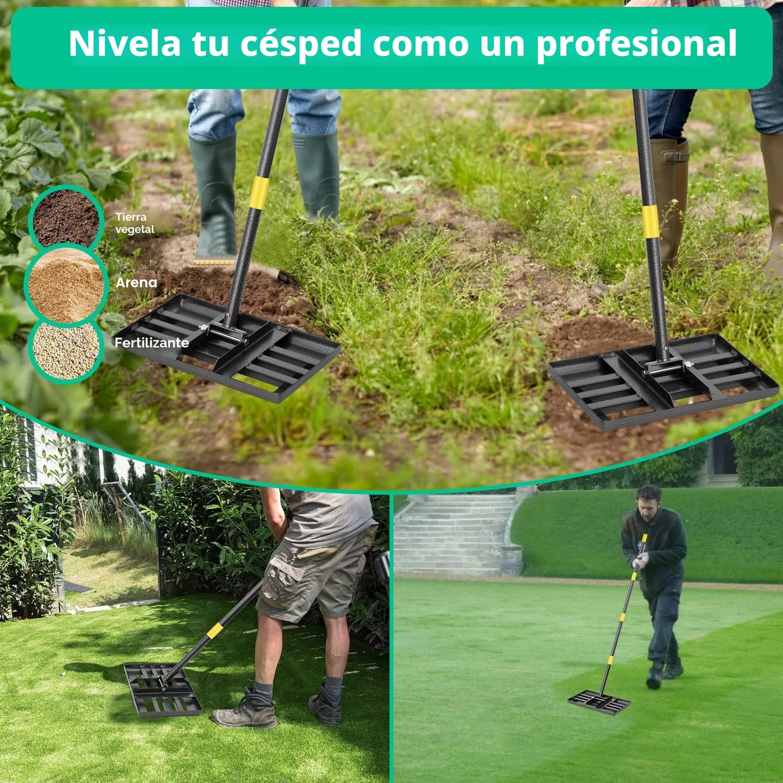 Rastrillo de Metal para Césped, 182 cm, Herramienta para Golf, Rasqueta de Acero Inoxidable, Jardín, Patio Trasero (25 x 43 cm)