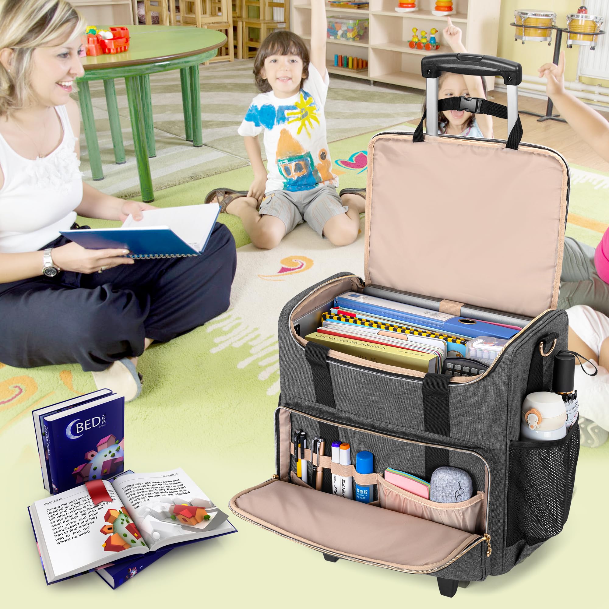 Luxja Bolsa de Profesora con Ruedas, Bolso para Maestra con Trolley Desmontable y Compartimento para Computadora Portátil (Sólo Bolsa), Gris