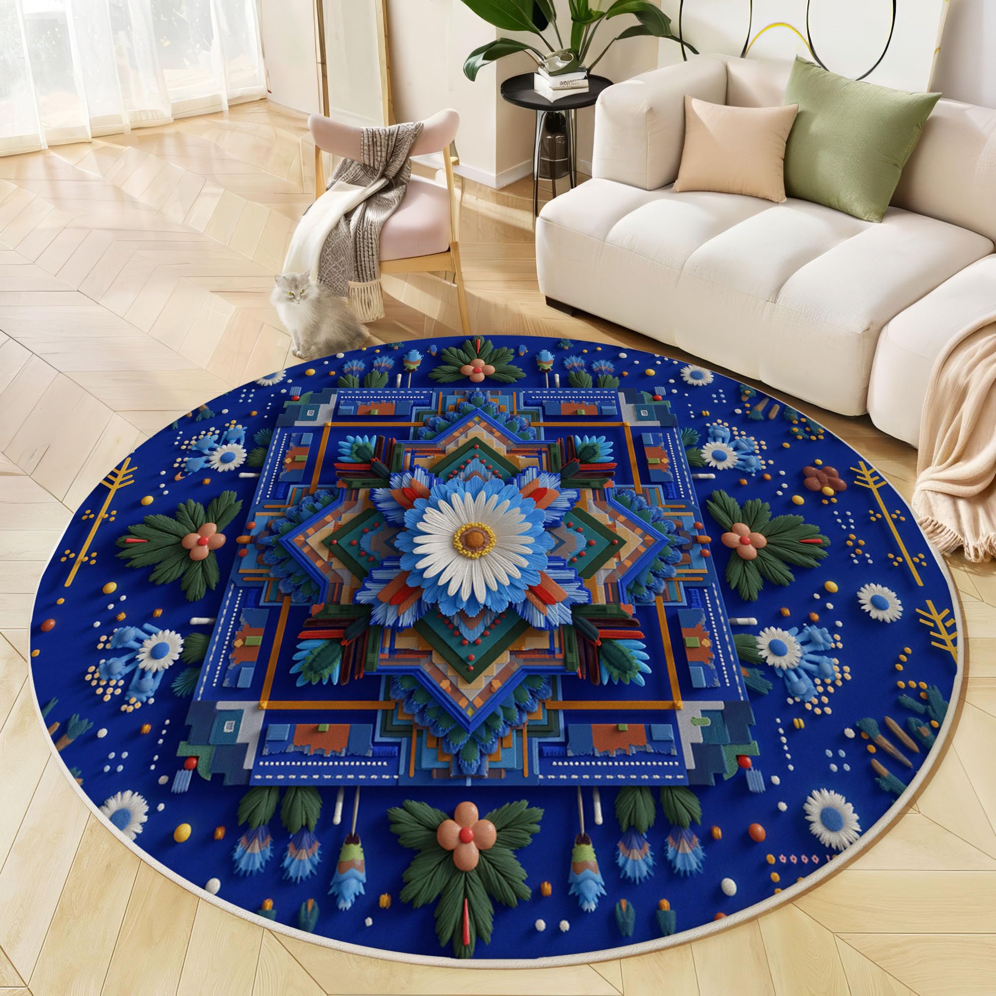 Tapis de salon lavable en machine géométrie fleurs bleu avec dos antidérapant