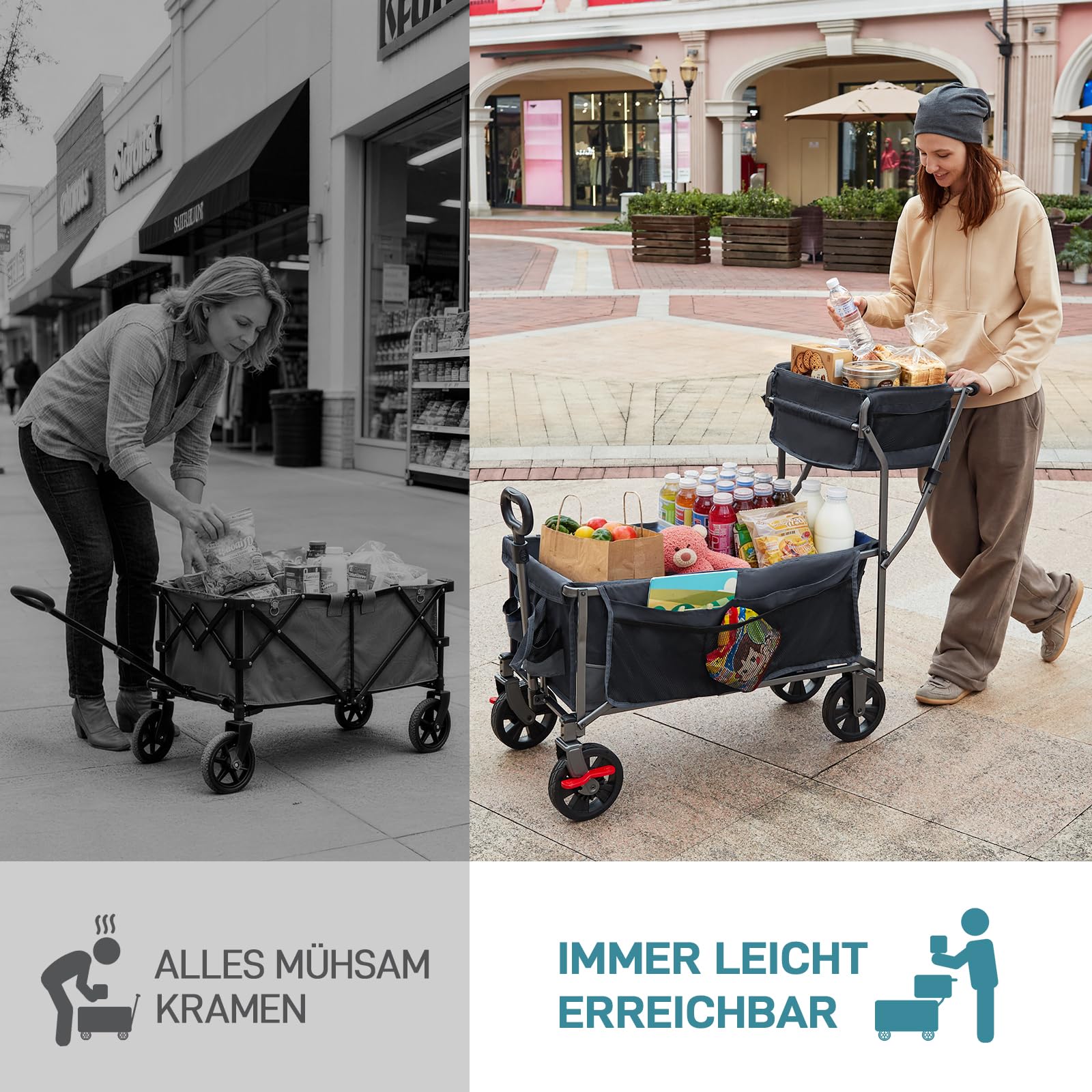 EVER ADVANCED Bollerwagen faltbar schieben&ziehen mit Bremse Einkaufskorb Getränkhalter Seitentasche Handwagen klappbar Strandwagen bis 120kg Faltwagen Transportwagen für Camping