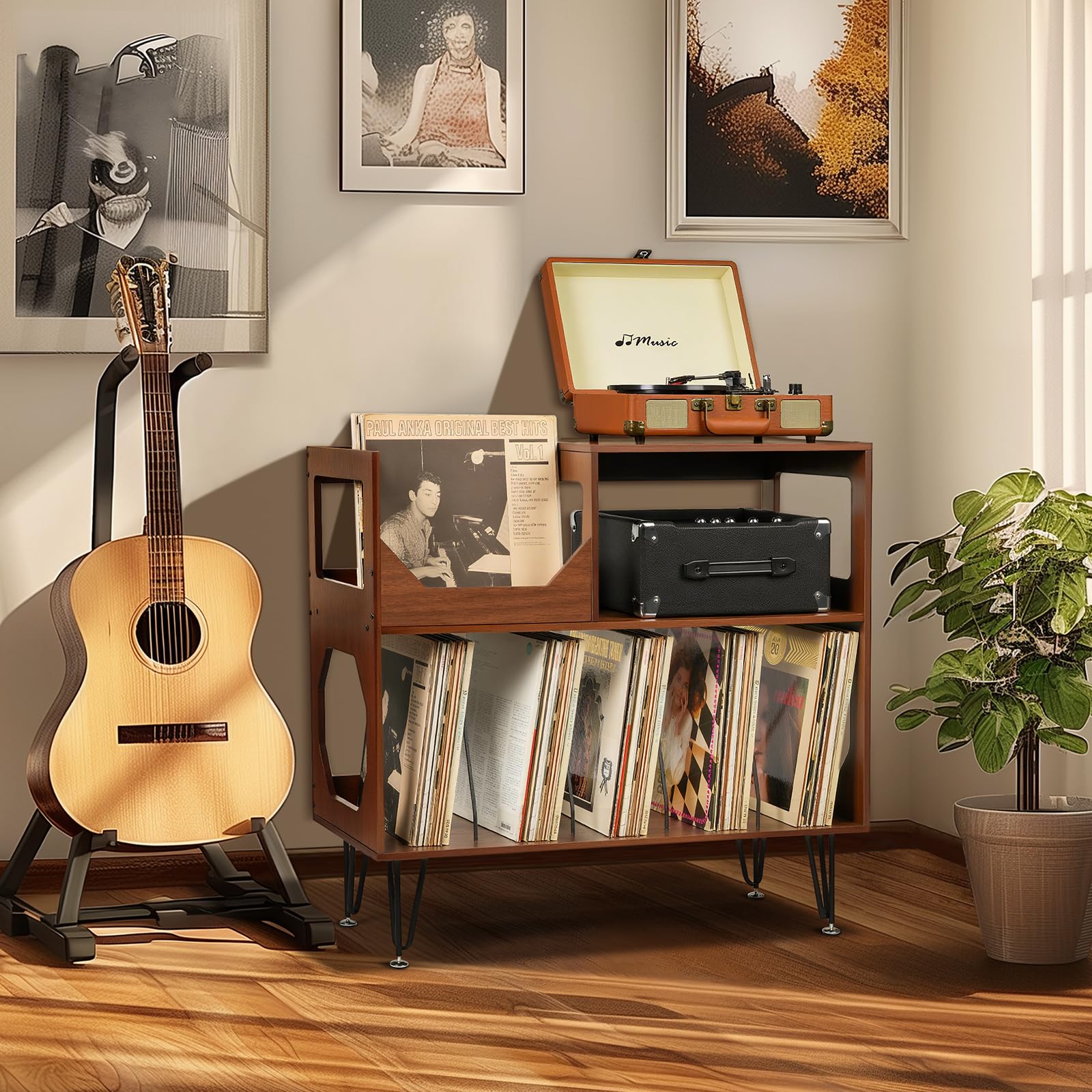 Großer Plattenständer mit Aufbewahrung,Plattenspieler-Ständer mit Ablage,Vinylplatten-Halterung mit Präsentationsfläche,Plattenständer für bis zu 370 Alben, Plattenregal für Musikzimmer und Wohnzimmer
