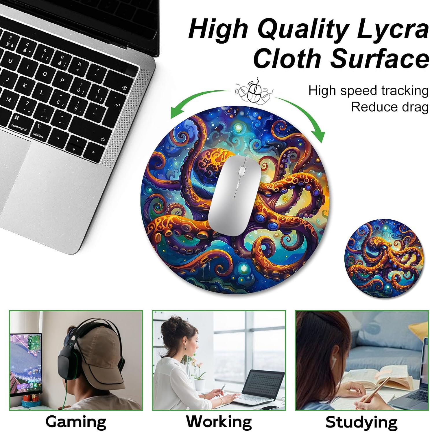 Galaxy Octopus Design Vibrant Cute Round Mouse Pad Aesthetic for Desk Accessories, Girly Mousepad Fun Office Decor Lessens The Tedium of Your Workday, Portable Mousepad for Office Gaming Travel image 4