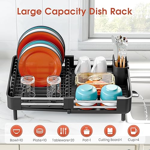 Miniatura 3 de TOOLF - Escurridor de platos con bandeja para escurrir el agua, extensible, para encimera de cocina, escurridor de platos expandible, escurridor de