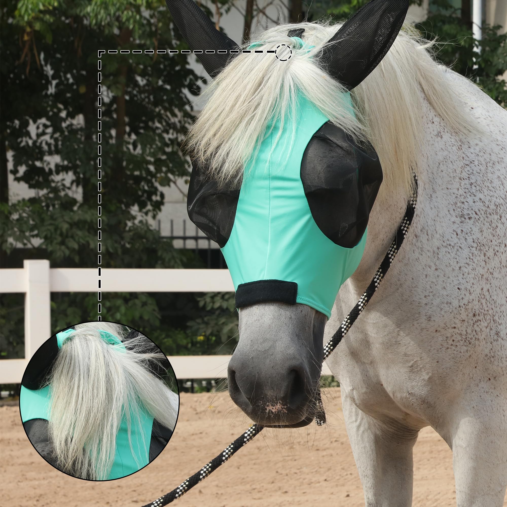 Máscara antimoscas para caballo, gran espacio para los ojos con orejas, súper cómoda, elástica, protección UV para caballo, mazorca verde