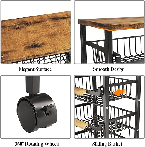 Miniatura 4 de Wisdom Star Cesta de frutas de 4 niveles para cocina, carrito de almacenamiento de verduras con mesa de madera, cesta de verduras para cebollas y