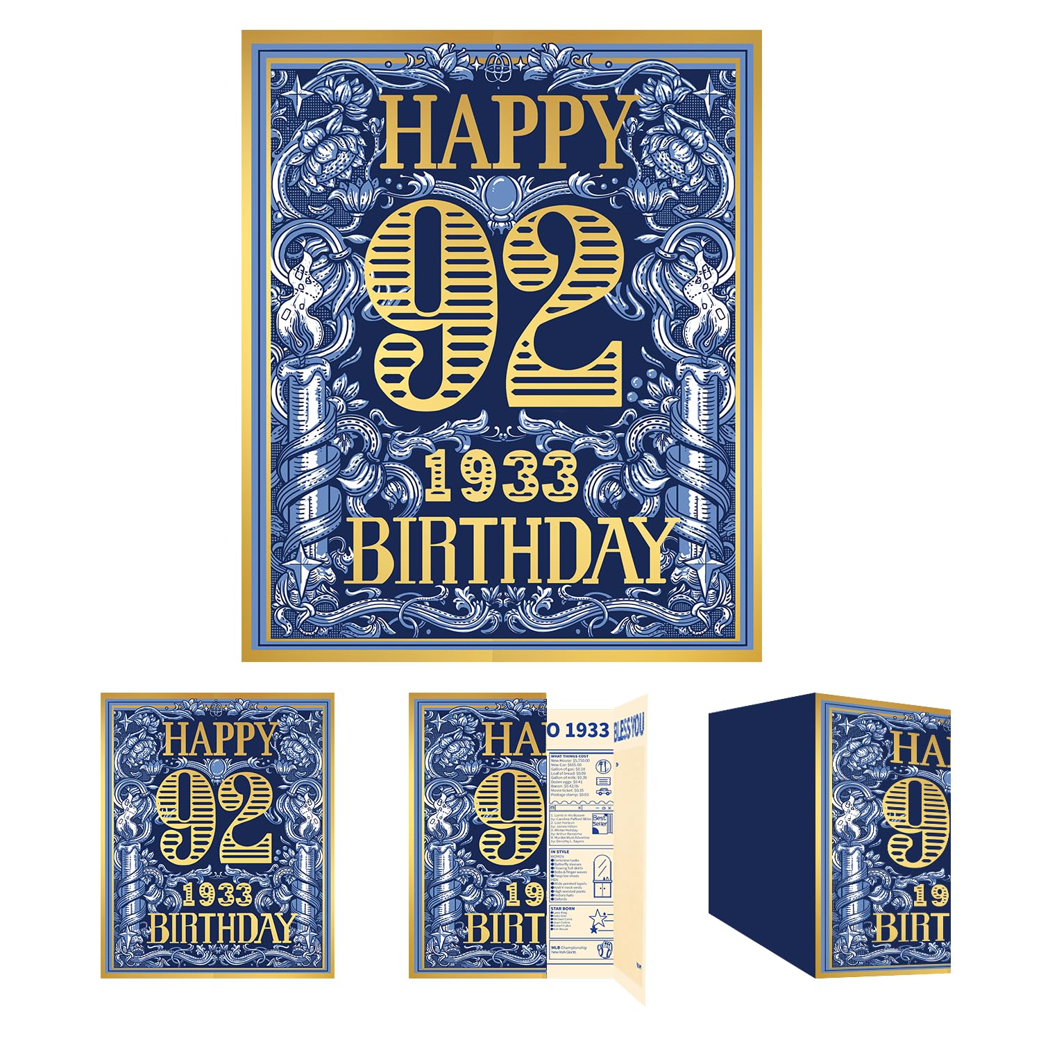 Gcardist 2025 92nd Birthday Greeting Card, 92 Years Old Birthday Gift Card,Memory Back In 1933,Vintage Blue Gold（Envelope）