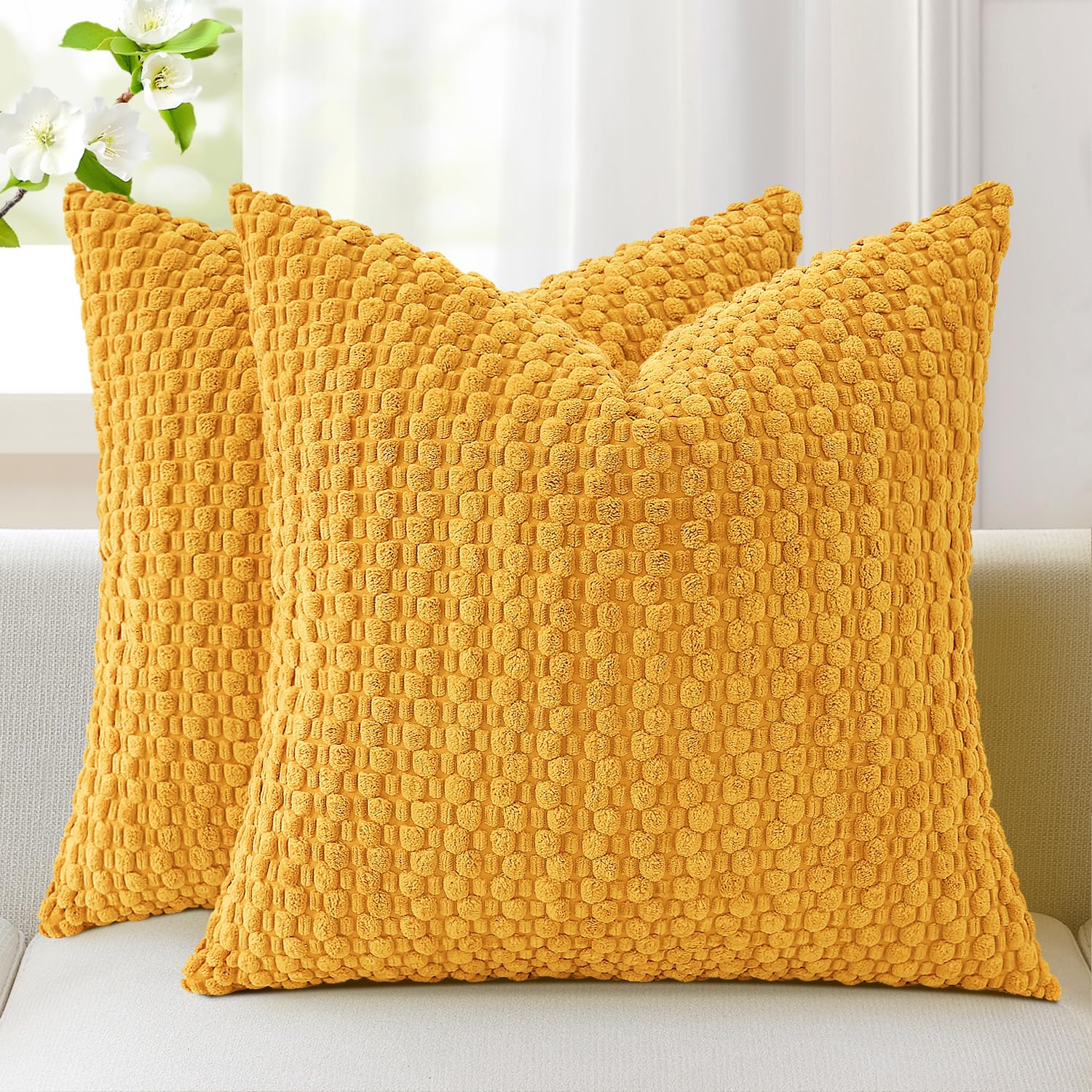 Kevin Textile Soft Corduroy Cushion Covers 45 x 45 cm Set of 2, Soft Granule Decorative Square Cushions Covers 18x18 Inch with Invisible Zipper for Chair Couch Sofa Bedroom, Yellow