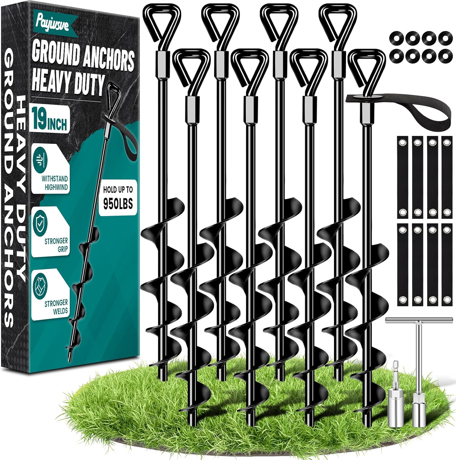 19-Inch Ground Anchors Heavy Duty, Trampoline Stakes Anchors Screw-in for High Wind, Earth Anchor with Strong Straps for Swing Sets, Trampolines, Mobile Home, Sheds, Carports(8x19in)