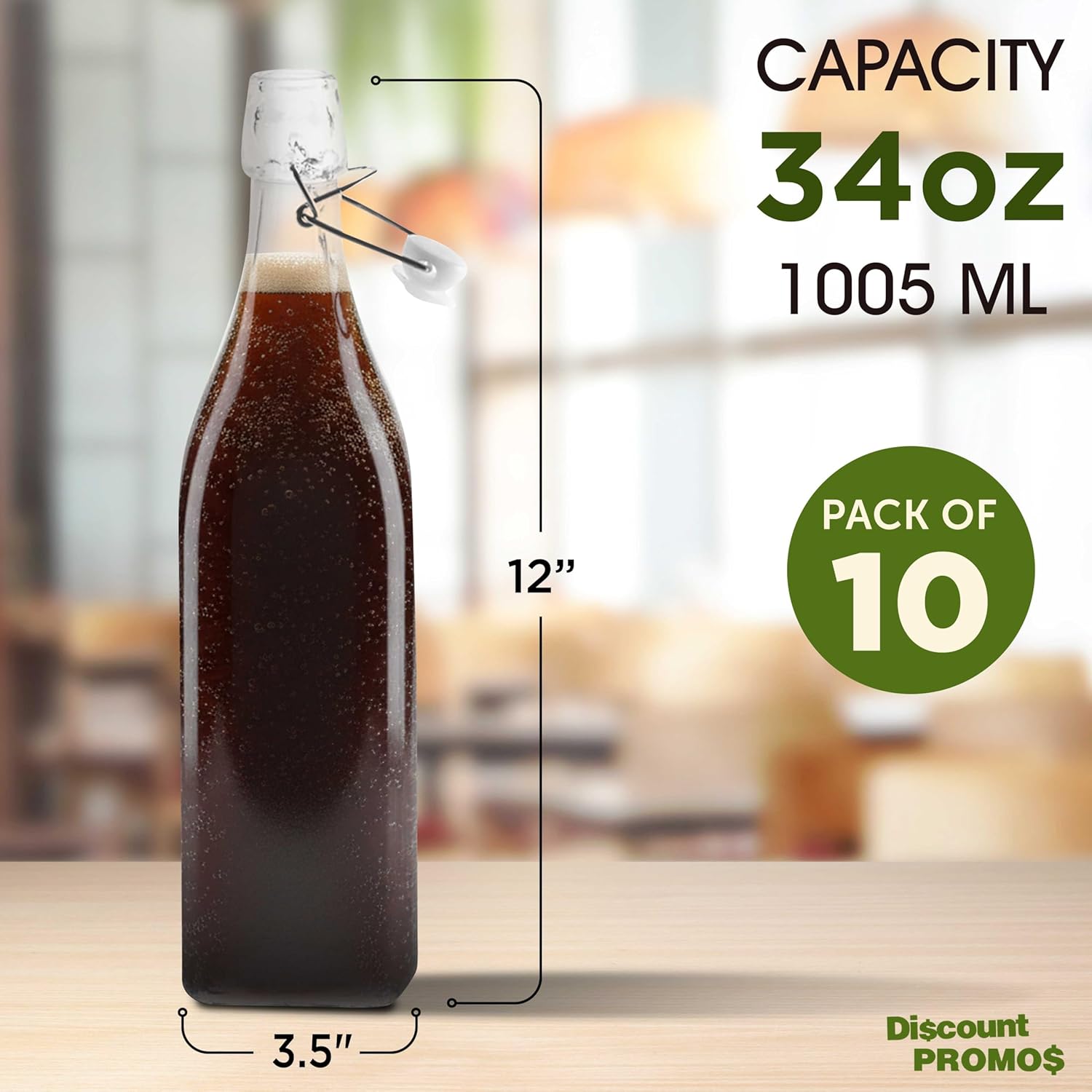 DISCOUNT PROMOS Square Glass Water Carafe Bottles with Wire Lids 34 oz. Set of 10, Bulk Pack - Perfect for Juices, Smoothies, Milk, Condiments - Clear